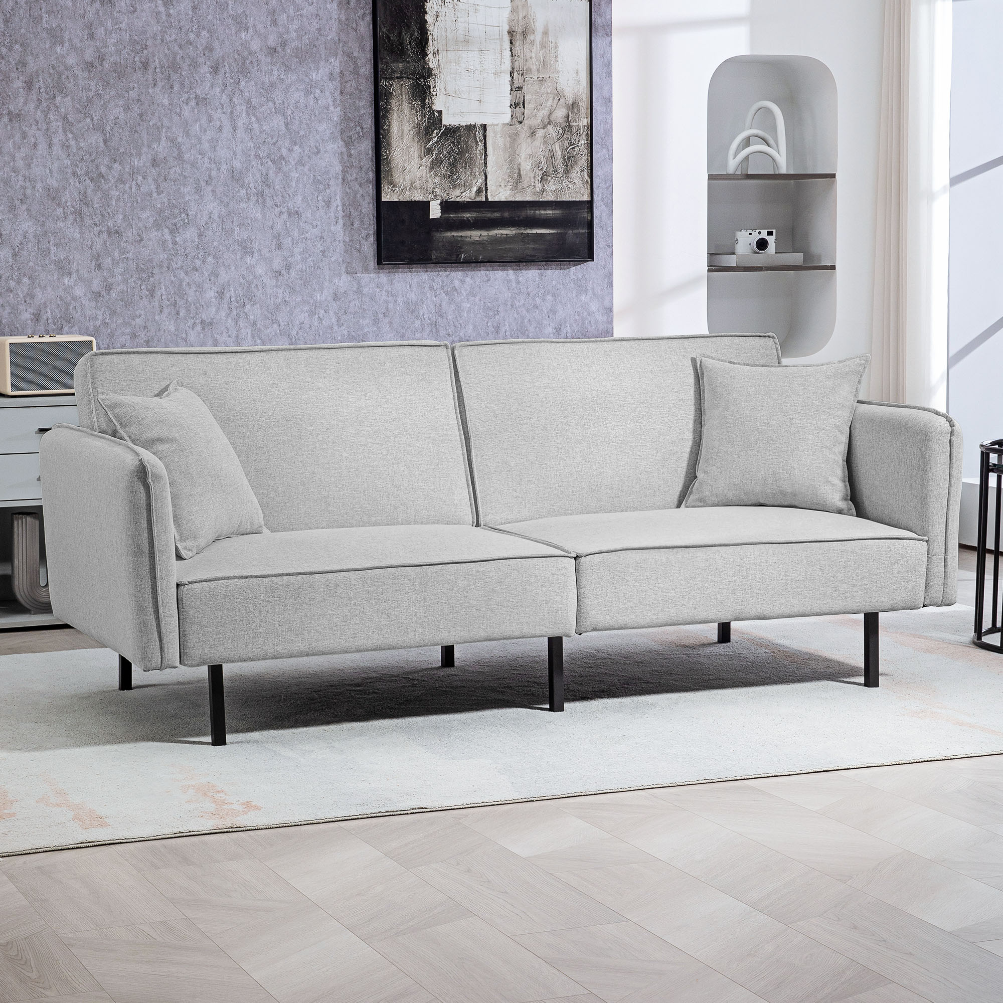 HOMCOM Schlafsofa 3-Sitzer, Schlafcouch Clic-Clac, mit 2 Kissen 195l x 89B x 87H cm Hellgrau
