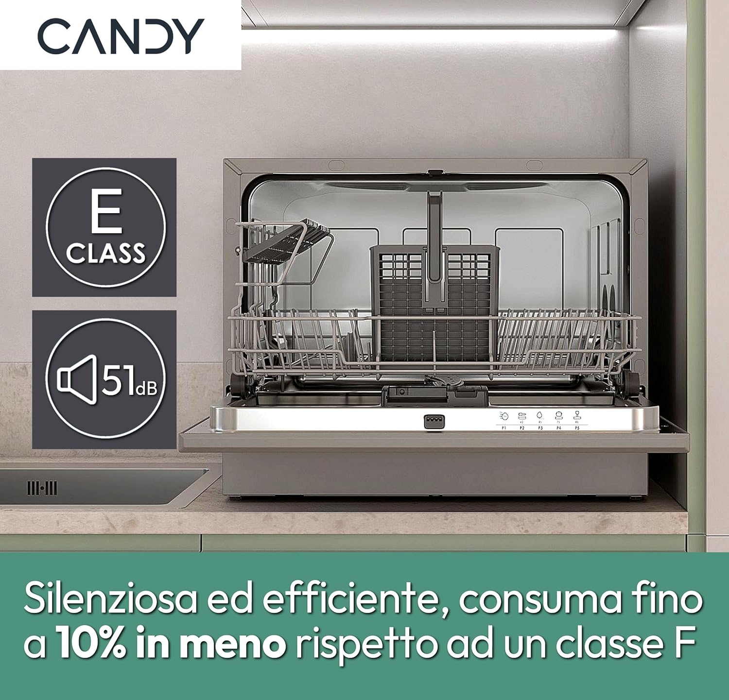 Candy Rapido' CP 6E51LS Lavastoviglie Compatta da tavolo, Libera Installazione, 6 Coperti, 8 Programmi, Ciclo Rapido 35', Partenza ritardata, Classe E, AxLxP 44,3x55x50,1 cm, Silver, Classe E