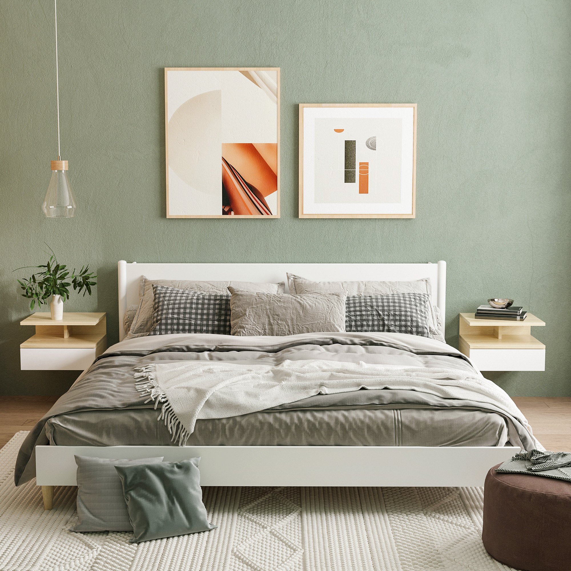 HOMCOM Set von 2 Wand-Nachttischen - Set von 2 Nachttischen - Schublade, Fach, Platte - Spanplatten Hell Eiche und Weiß