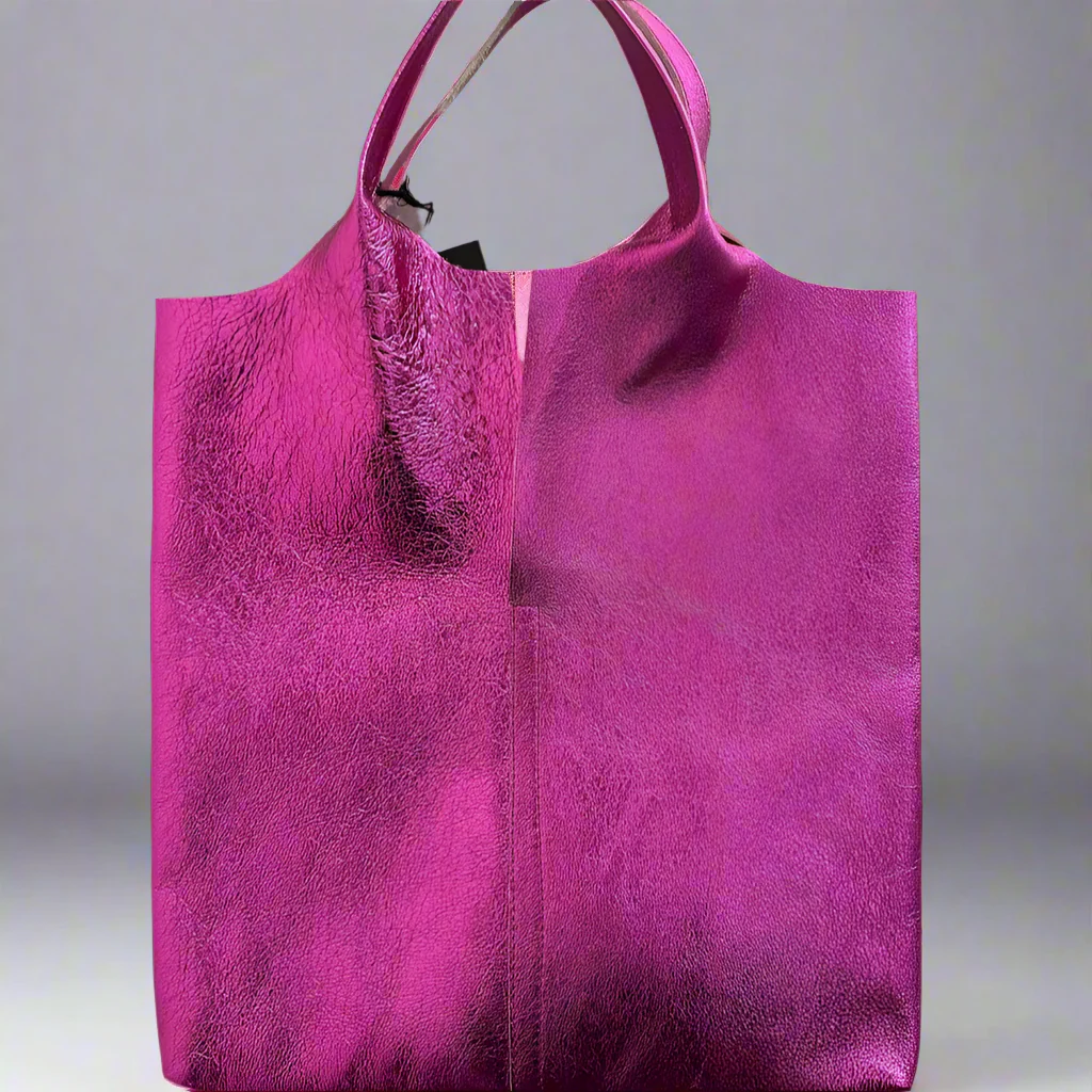 Metallic Leather Tote Bag with Attached Pouch Hot Pink �C Stylish & Functional