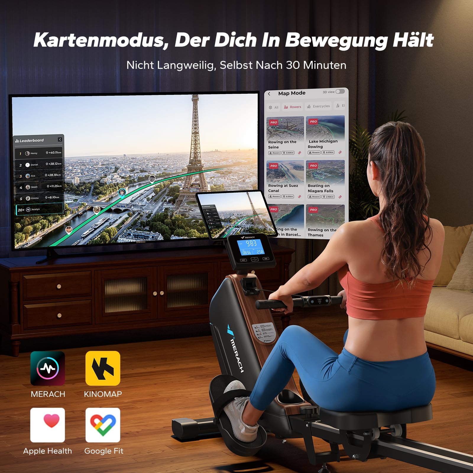Magnetisches Rudergerät für Zuhause mit 40 kg Magnetwiderstand, 16 Stufen, LED-Display und App