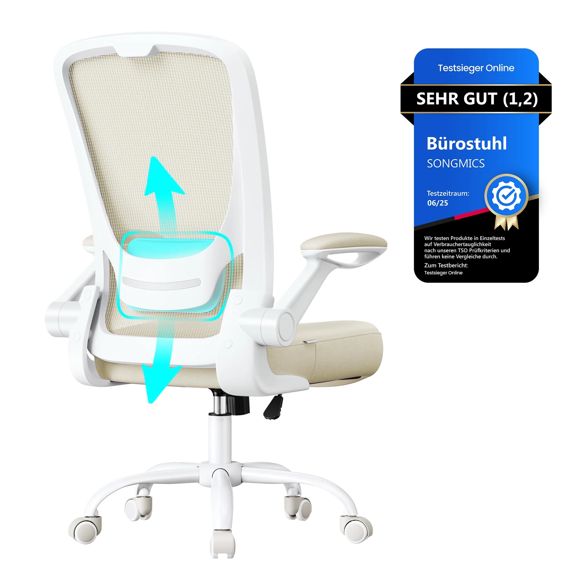 SONGMICS Ergonomischer Bürostuhl mit klappbaren Armlehnen und höhenverstellbarem Sitz