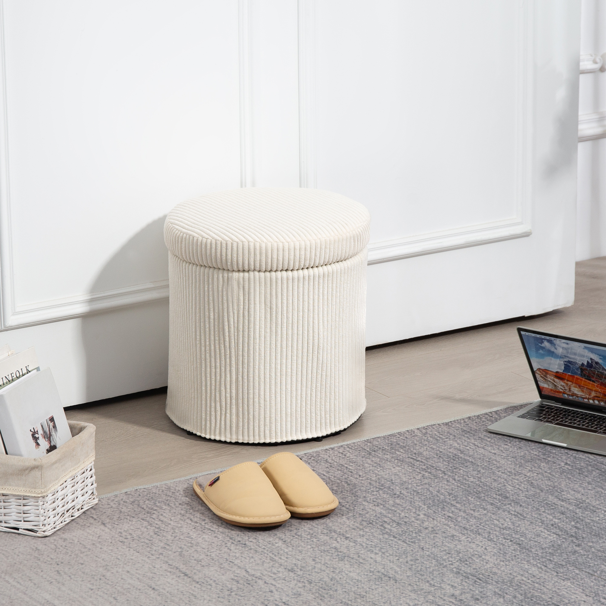 HOMCOM Pouf Aufbewahrung 32 l Wohnzimmerhocker aus Cordflor mit Deckel max. 120 kg Tragkraft, für Flur, Schlafzimmer, Wohnzimmer, Beige