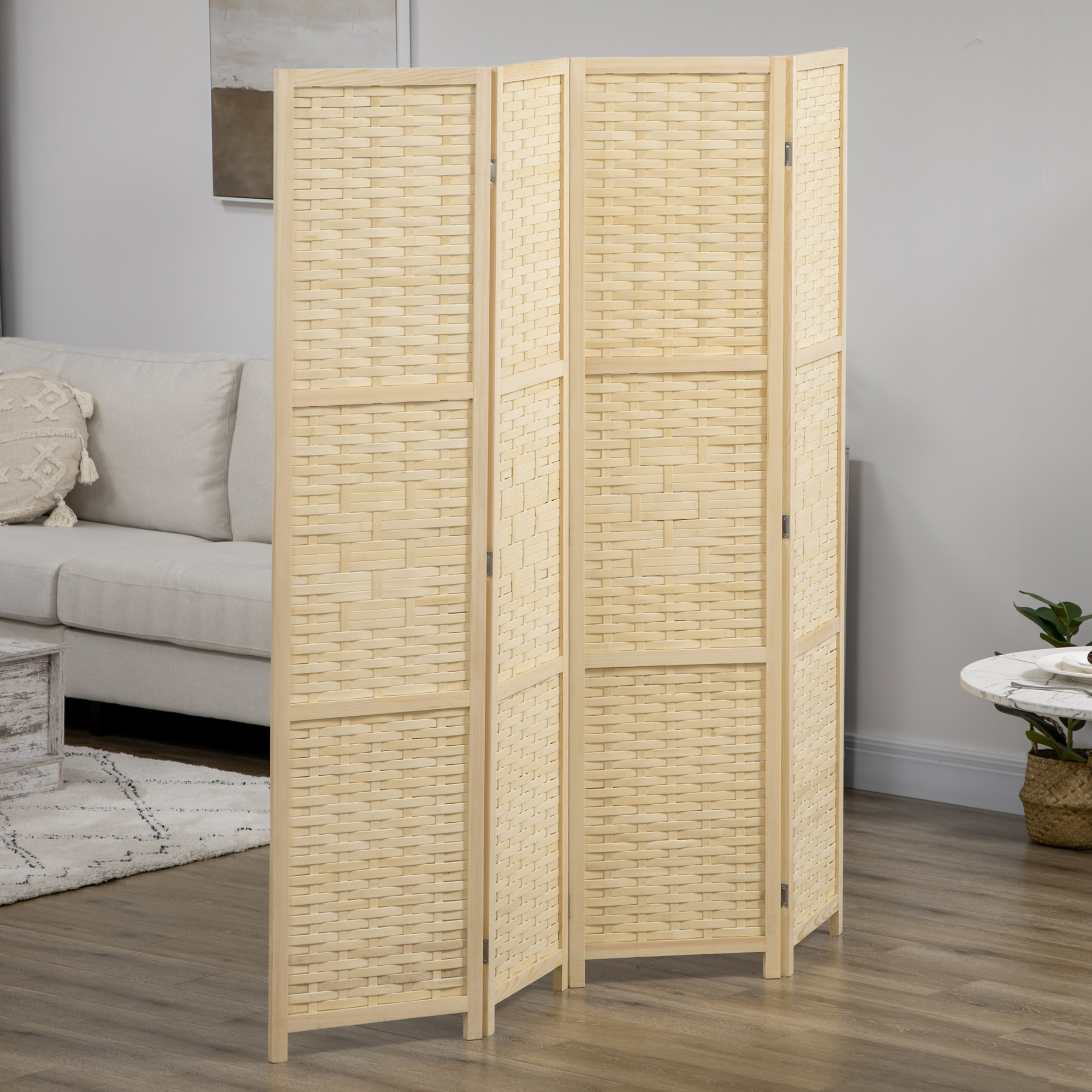 HOMCOM Innenraum Raumteiler mit 4 Türen aus Holz und Bambus, faltbar und platzsparend, Höhe 170cm, Braun