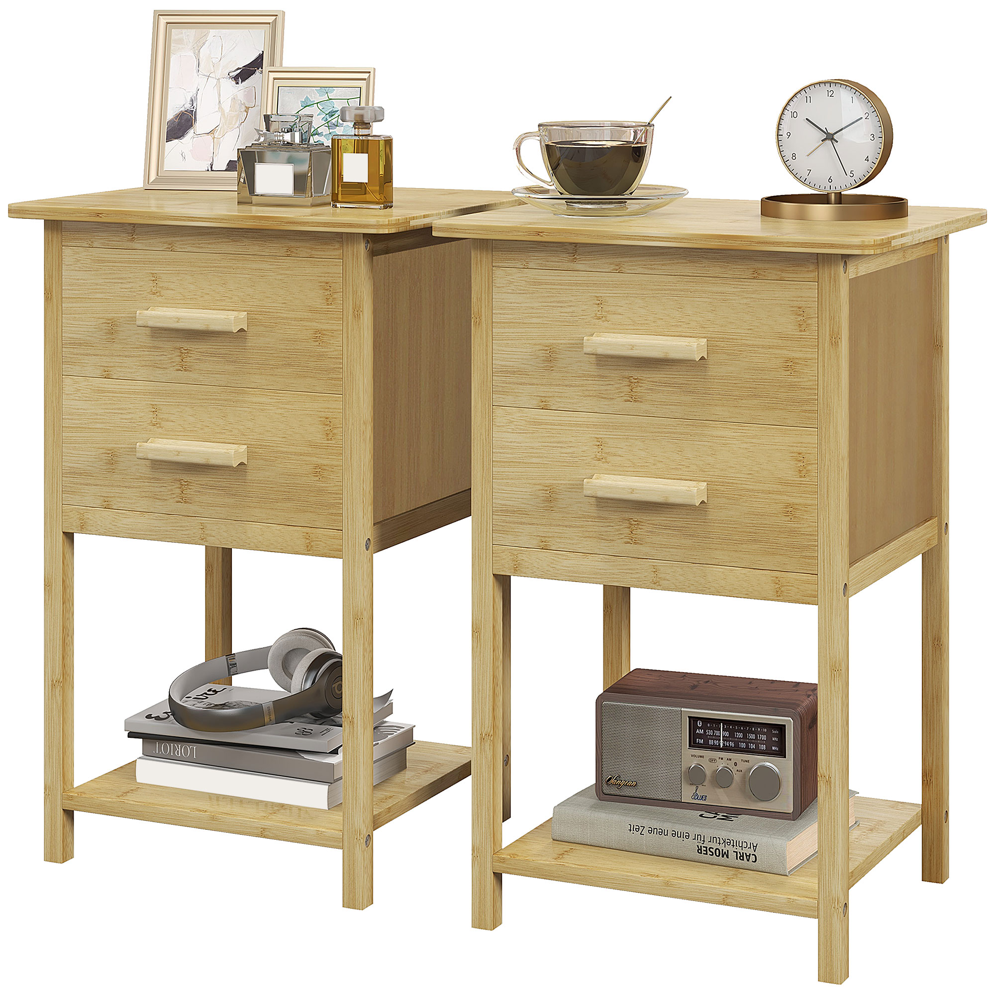 HOMCOM Nachtschrank, 2er-Set, Skandi-Design, Bambus, 2 Schubladen & Regal, 40x34x60cm