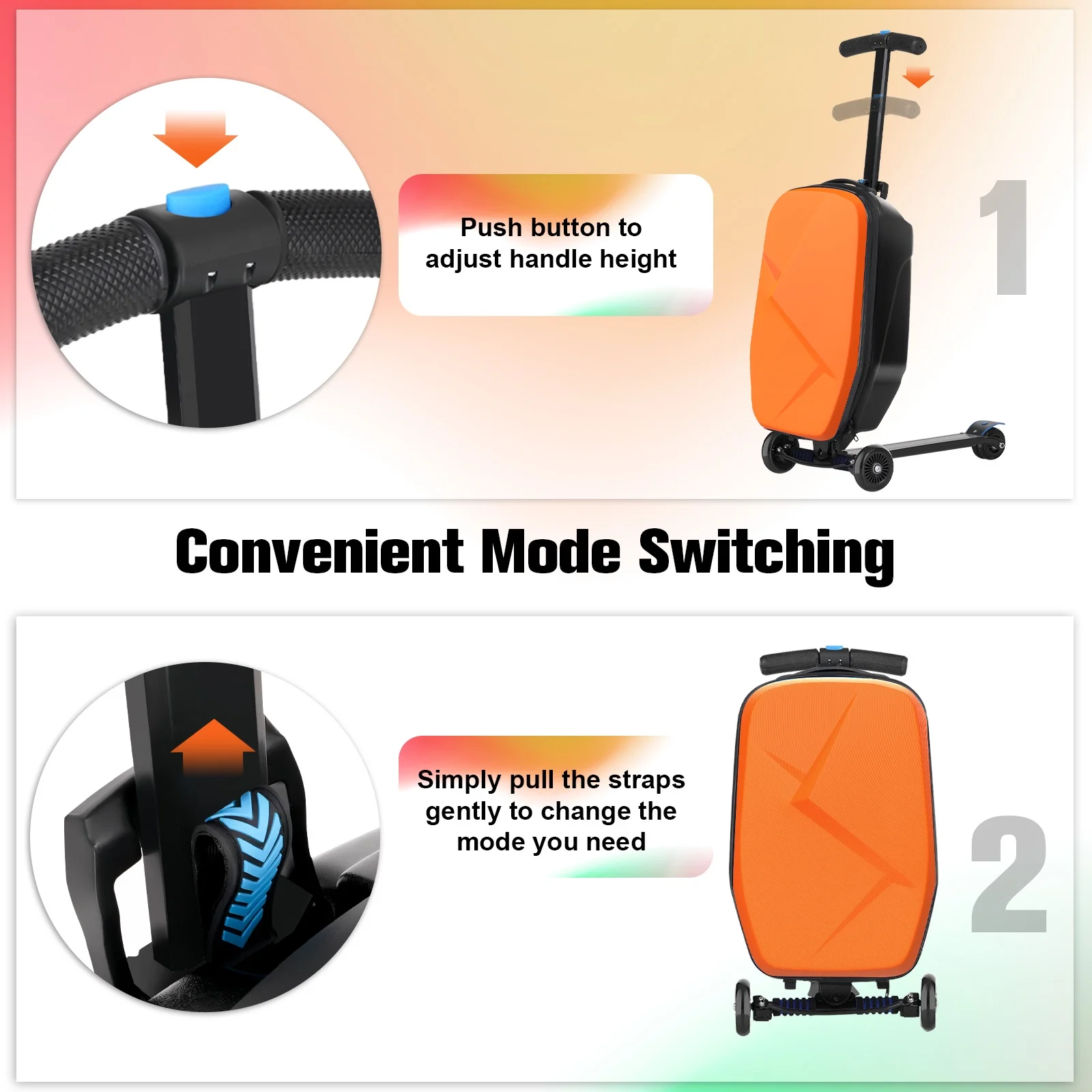 Advwin Scooter Luggage for Kids & Adults, Hardside Ride on Suitcase for Kids Ages 4-15 Multifunctional Lightweight Foldable Carry on Luggage with Wheels Ride on for Children Teenagers, Pink