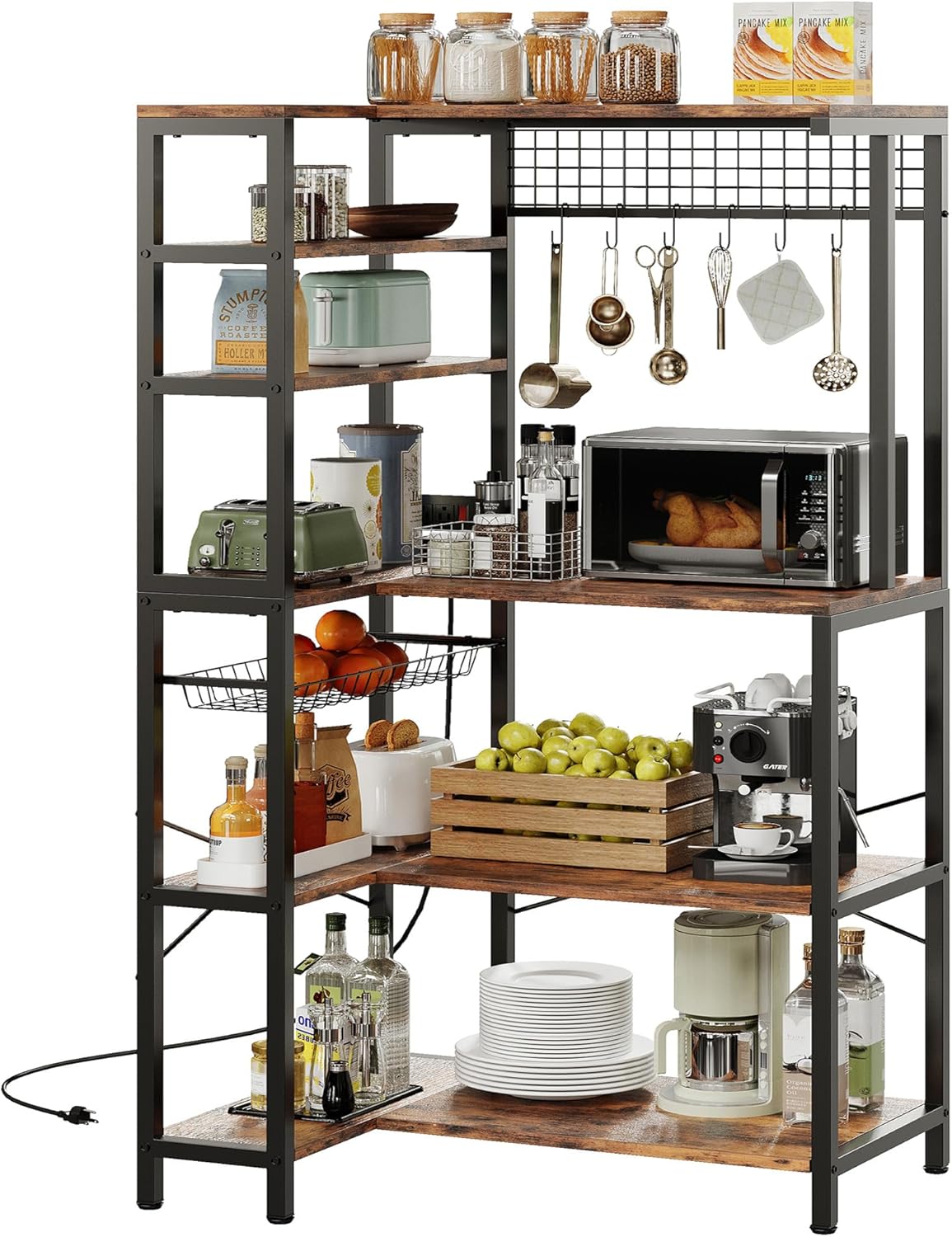 IRONCK Bakers Rack with Power Outlet, 5-Tier Corner Microwave Stand with Storage, Coffee Bar with 6 S-Shaped Hooks, Kitchen Shelves with Wire Basket