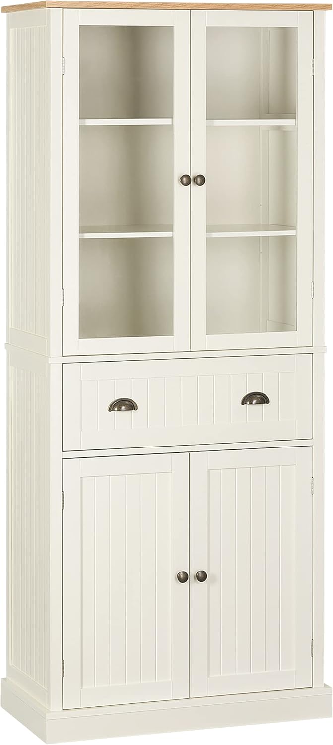 HOMCOM Mobile Dispensa a 5 Livelli con Cassetto Centrale, Dispensa per Cucina, Sala da Pranzo e Soggiorno con Ripiani Regolabili e Ante in Vetro Temperato, 76x40x182.5 cm, Bianco Crema