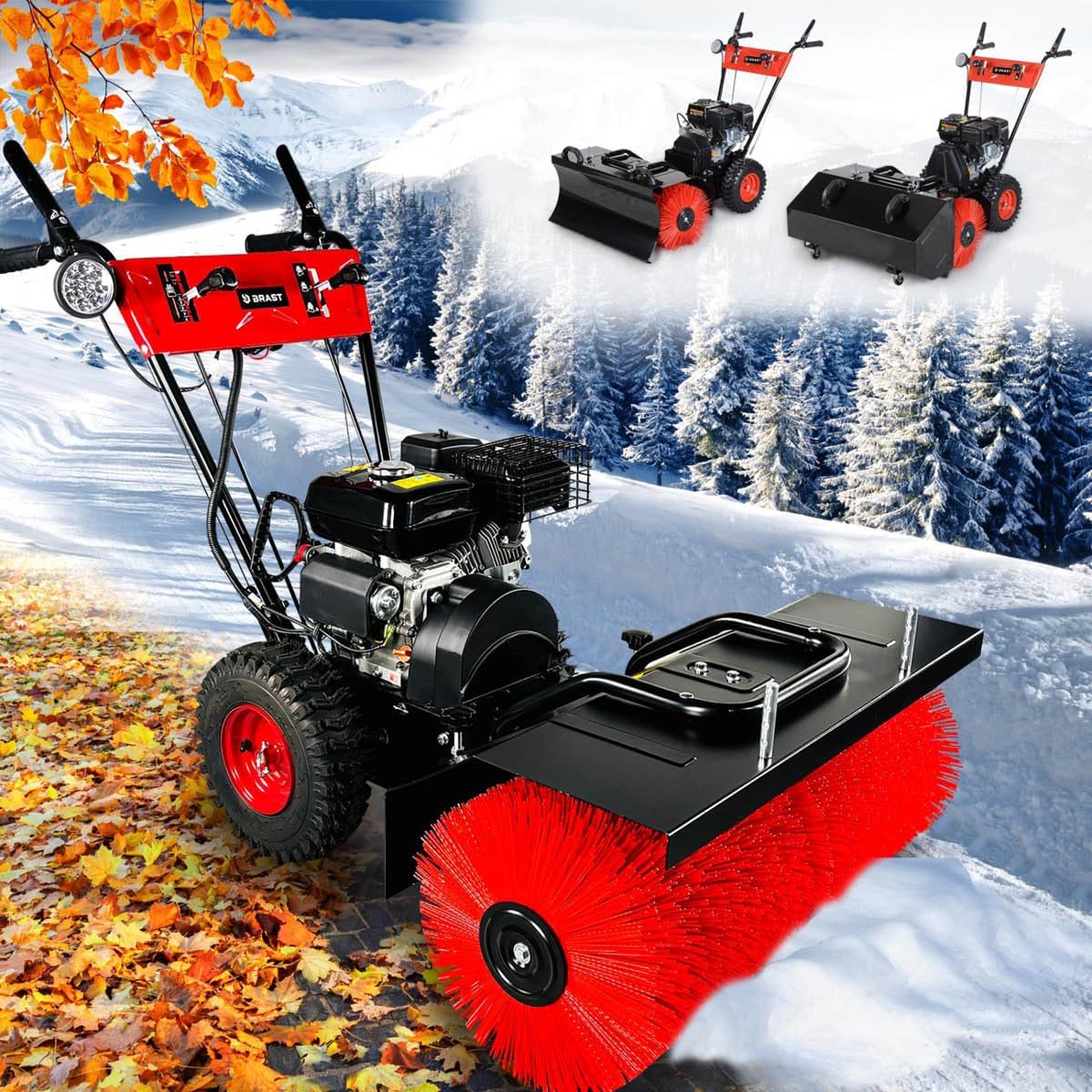 BRAST Kehrmaschine Benzin, 5,14kW(7PS), 80-100cm Arbeitsbreite, 3in1 Gerät, 4,8kW(6,5PS), Laubsammler Schneeschieber, viele Modelle, Elektrostart