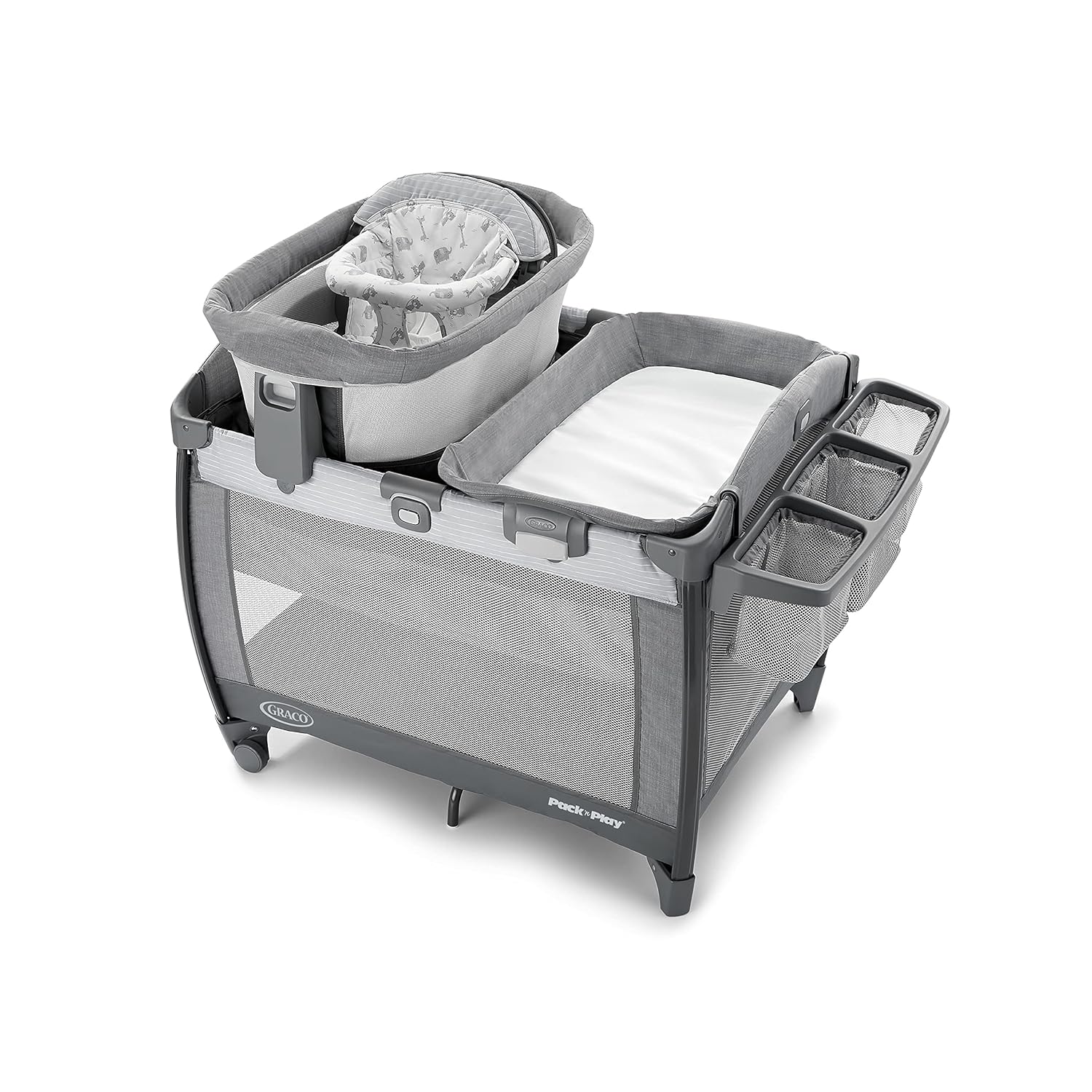 Graco Pack 'n Play Close2Baby Bassinet Playard con culla portatile, fasciatoio e altro ancora, Derby