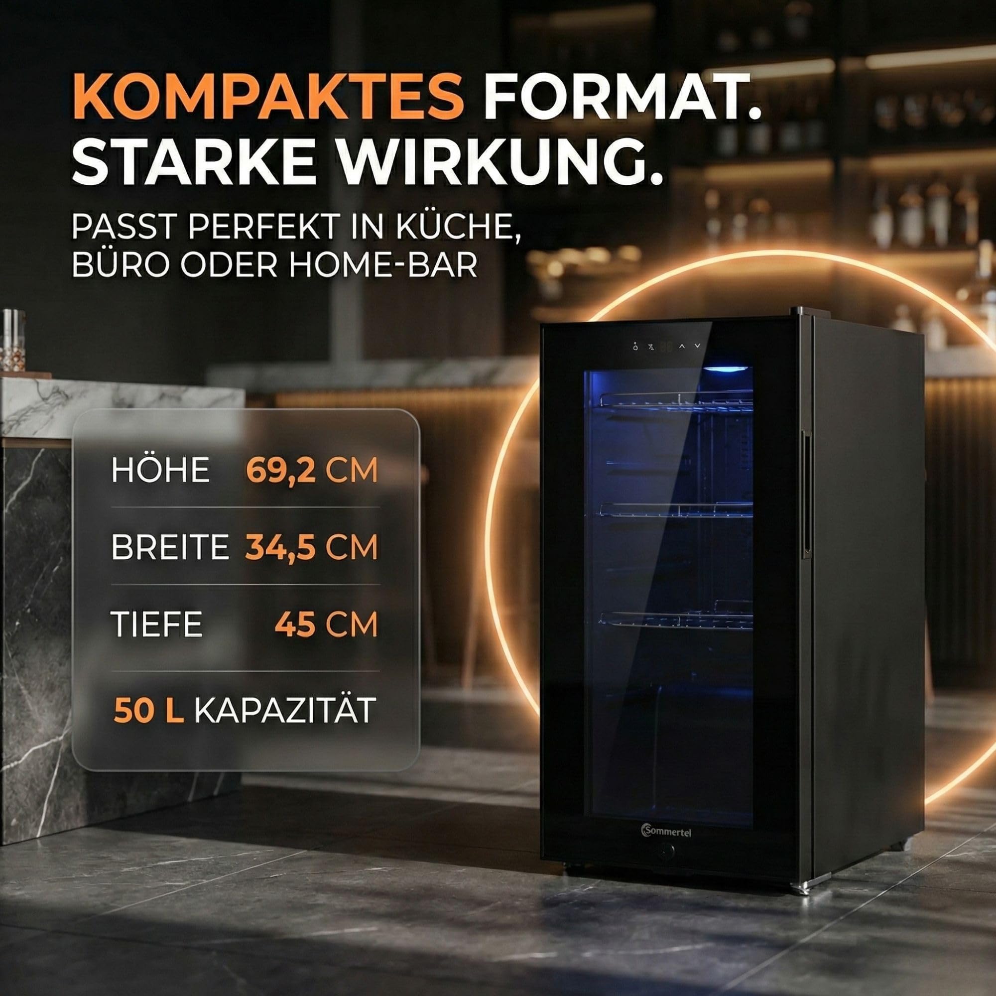 Getränkekühlschrank 50 L mit Glastür, Touchsteuerung, LED-Beleuchtung und Schloss, freistehend, 2–10 °C