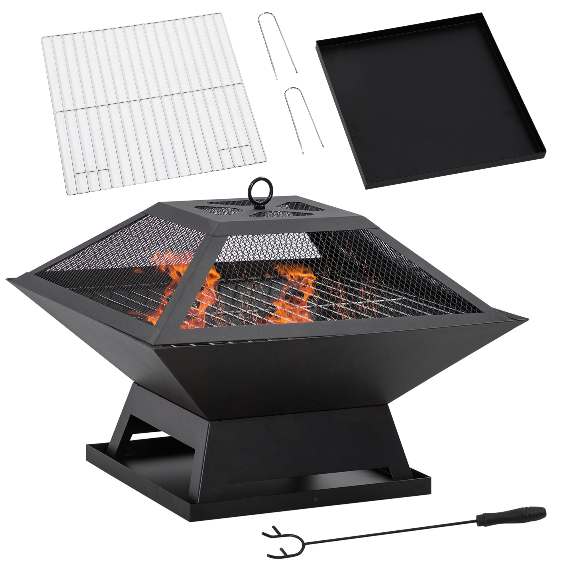 Outsunny Feuerschale 45 x 45 x 34cm aus Edelstahl Feuerstelle mit Funkenschutz Schürhaken Feuerschalen Feuerkorb für Garten, Balkon, BBQ Camping Schwarz