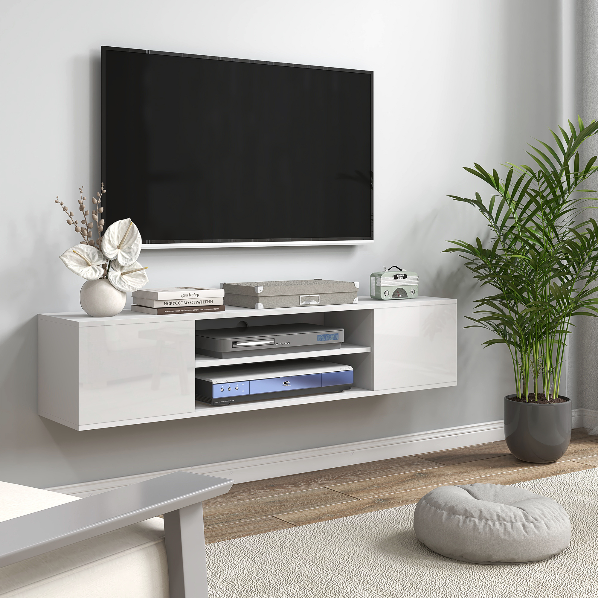 HOMCOM Wandmontiertes TV-Möbel im zeitgenössischen Stil 2 Schränke 2 zentrale Fächer und 2 Kabeldurchführungen 140 x 30 x 30 cm weiß