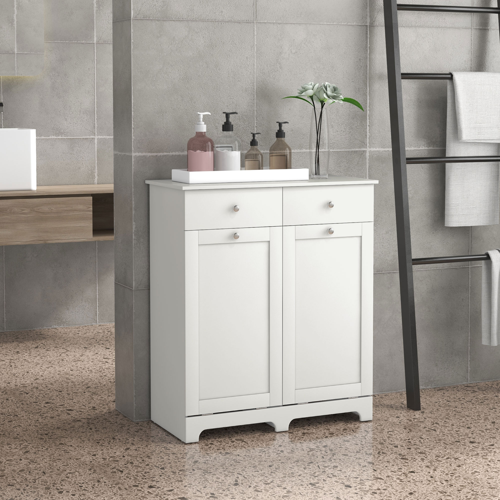 HOMCOM Badezimmerschrank, Aufbewahrungsmöbel, mit faltbaren Wäschekörben 2 Schubladen, 78L x 40B x 90,5H cm, weiß