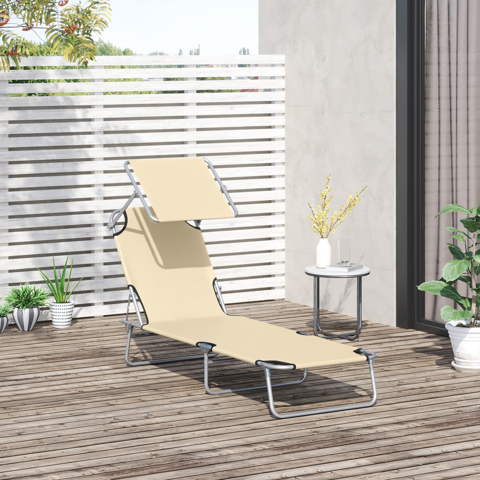 Outsunny Sonnenliege klappbar Gartenliege mit Dach, Liegestuhl mit 4-Fach verstellbare Rückenlehne, wetterfeste Campingliege bis 120 kg belastbar, für Garten Strand Pool, Beige