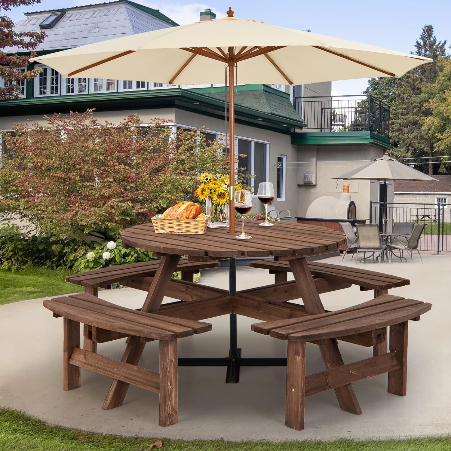 GIANTEX Round Wooden Outdoor Table and Benches Set, Garden Furniture Set for 8 People with Umbrella Hole, Weather Resistant, 178 x 178 x 70 cm