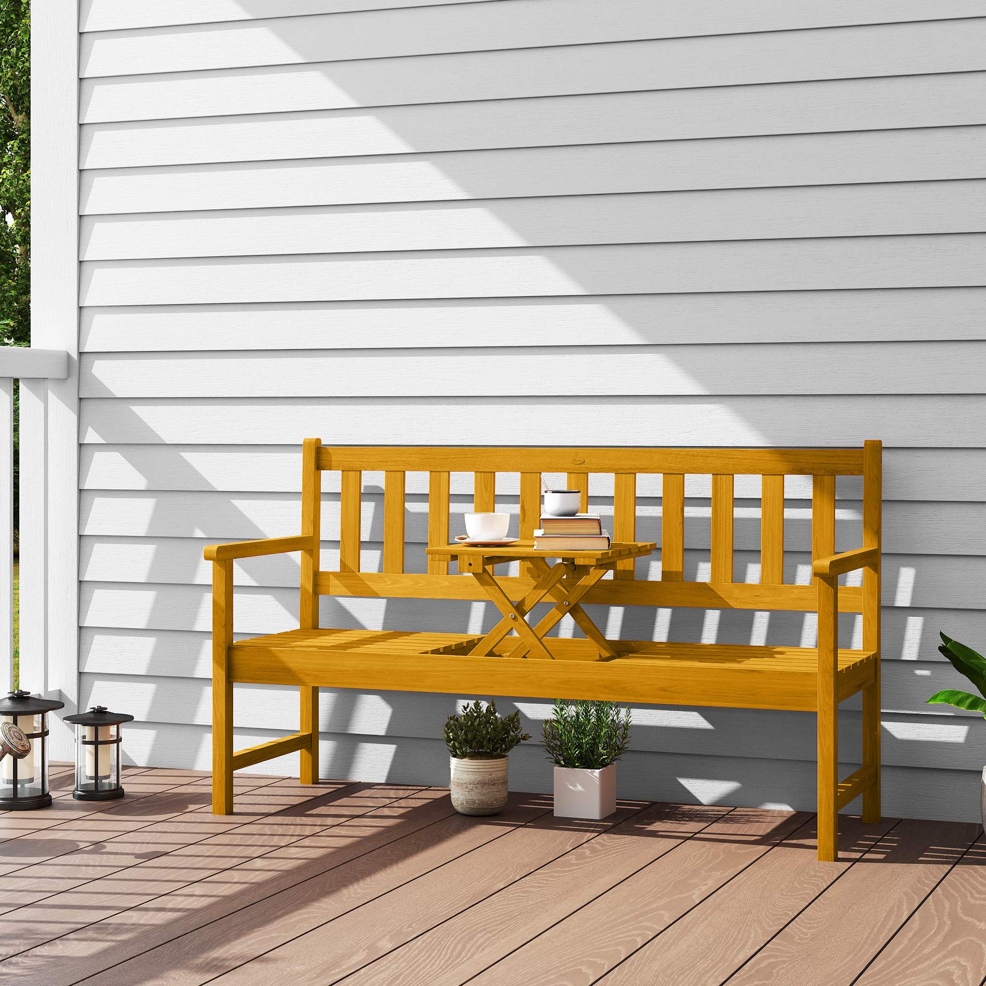Outsunny 2-Sitzer Gartenbank Holz, wetterfest Sitzbank mit Rücken- & Armlehnen 320kg belast 149x56,5x89cm, Teak