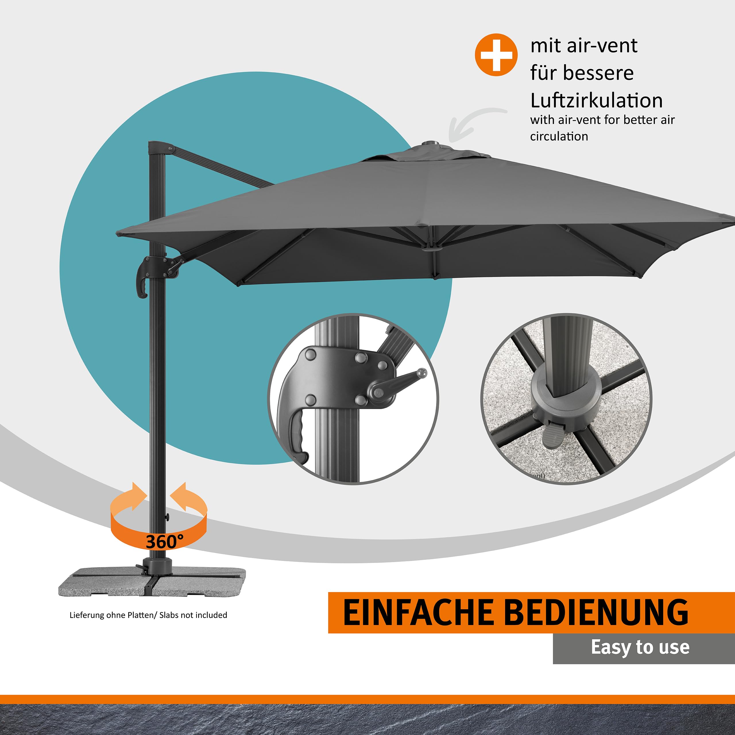 Sonnenschirm RHODOS GRANDE 400 x 300 cm anthrazit, rechteckig mit UV-Schutz 50+, Aluminium-Gestell und 360° Drehgelenk