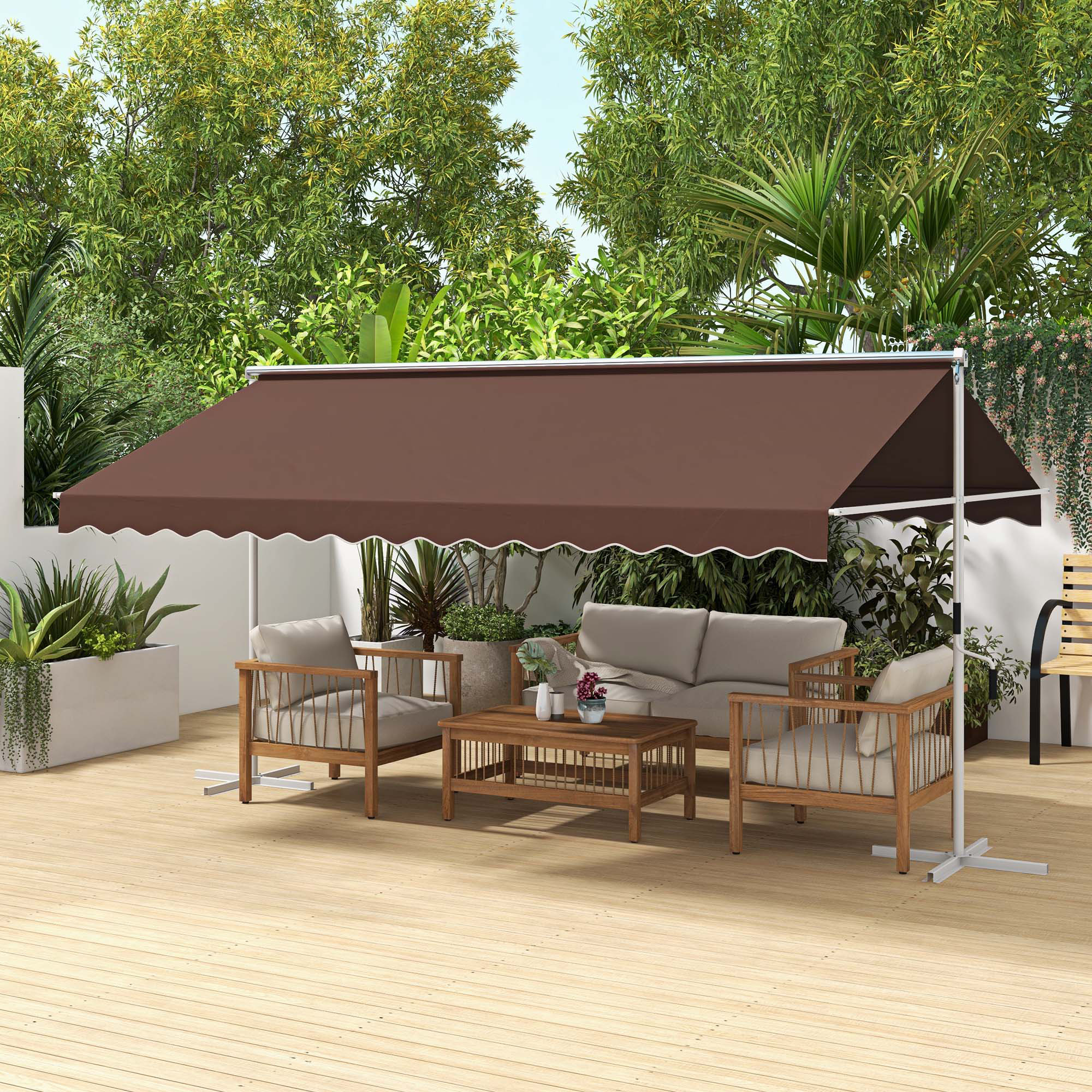 Outsunny Freistehende Markise 4,5x3,4m, neigungsverstellbar, Kurbel, Metallgestell, Braun