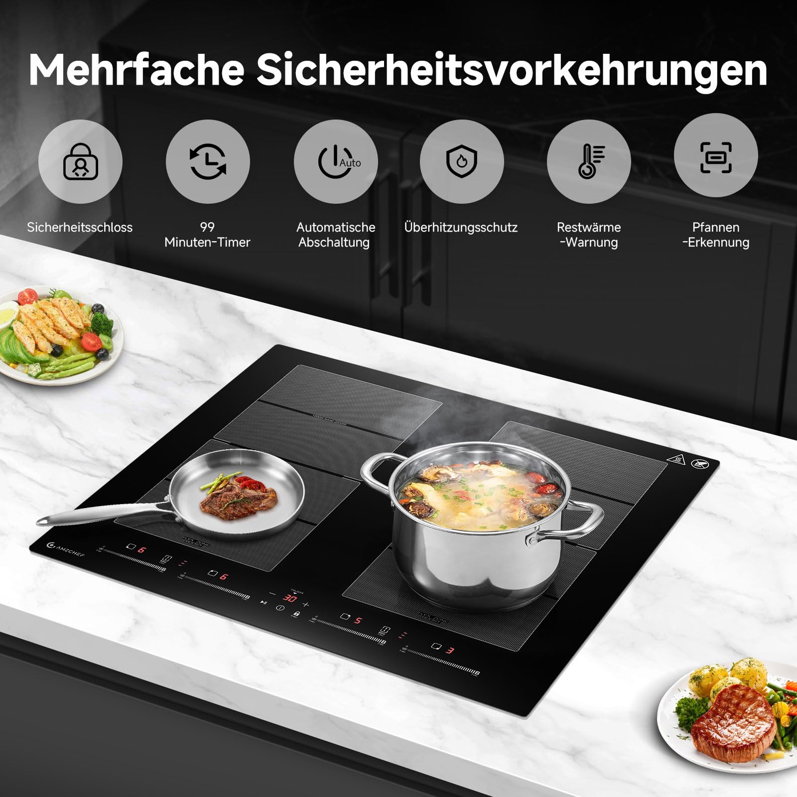 Induktionskochfeld 60 cm mit 2 Flexzonen und Booster, 4 Kochfelder, Glaskeramik, schwarz