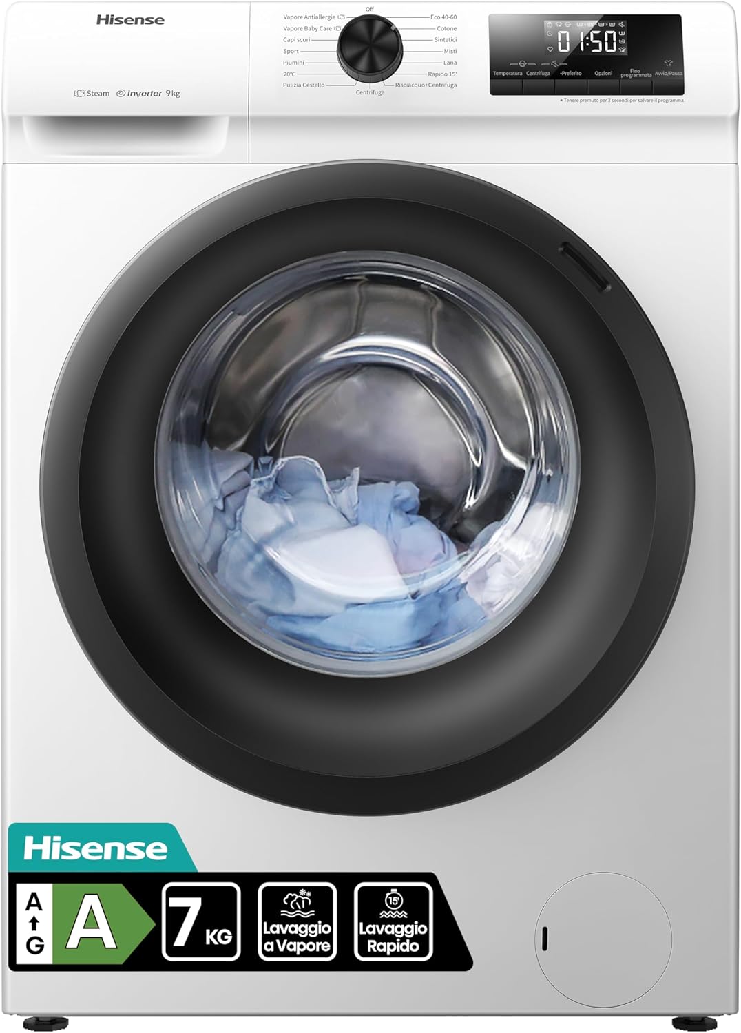 Hisense WFVB7012EM Front Load Washing Machine 7 kg 1200 rpm 15 Programs Steam LED Display Rapid Program Delay Start Child Lock