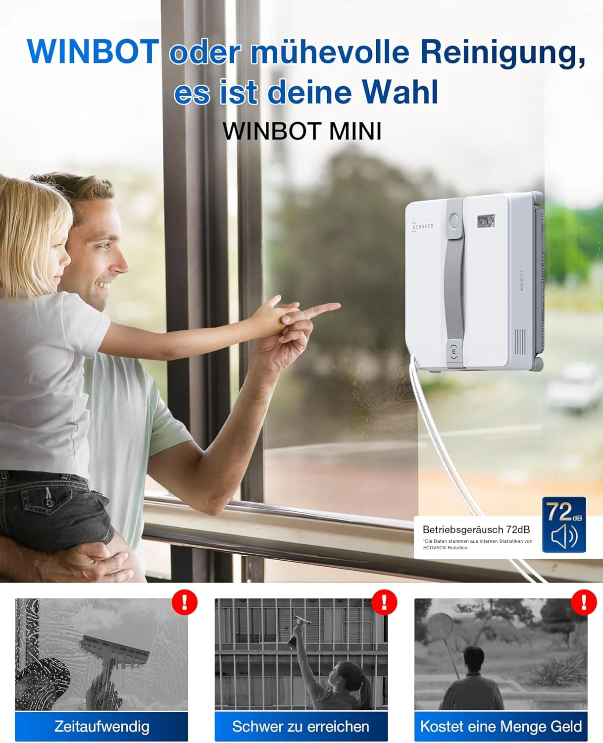 ECOVACS WINBOT MINI Fensterputzroboter, kompaktes Design, Doppel-Düsen mit Ultraschall-Zerstäubung, 9-Stufen-Schutzsystem, intelligente Pfadplanung, 4 Reinigungsmodi, Anti-Rutsch-System, Weiß
