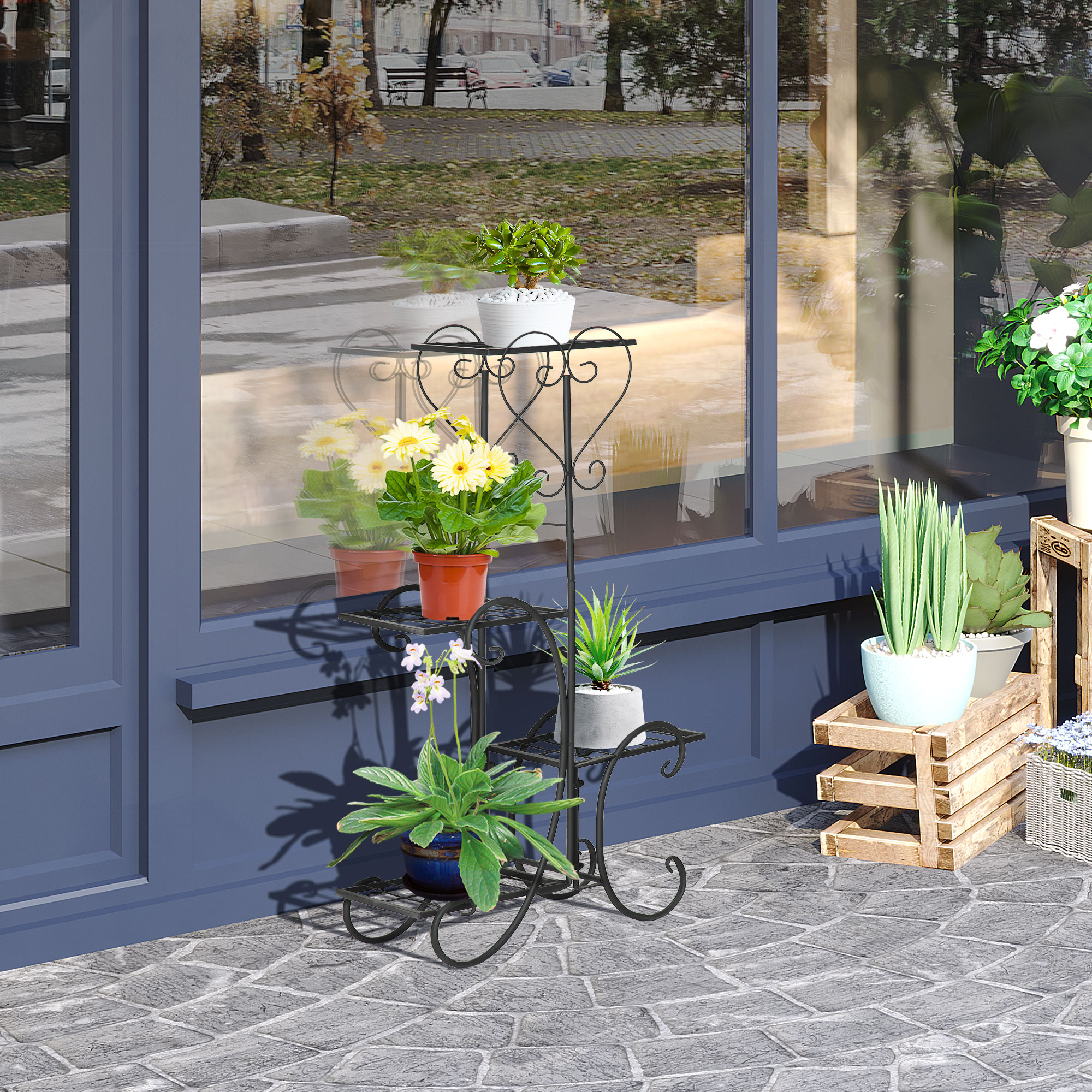 Outsunny Blumenständer Blumenregal aus Metall 4 Ebenen Pflanzenregal Blumentreppe Blumenständer für innen und außen Garten Balkon Schwarz 45 x 24,5 x 80 cm