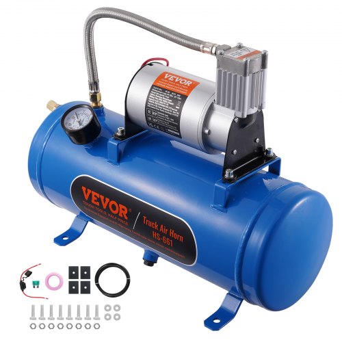 VEVOR 12-V-Luftkompressor mit Tank 6 L, Zughorn-Luftkompressor-Satz, 90-120 psi Arbeitsdruck, Integriertes Luftkompressorsystem für Zug-Lufthupen, Aufpumpen von Reifen, LKWs, SUVs usw. Blau