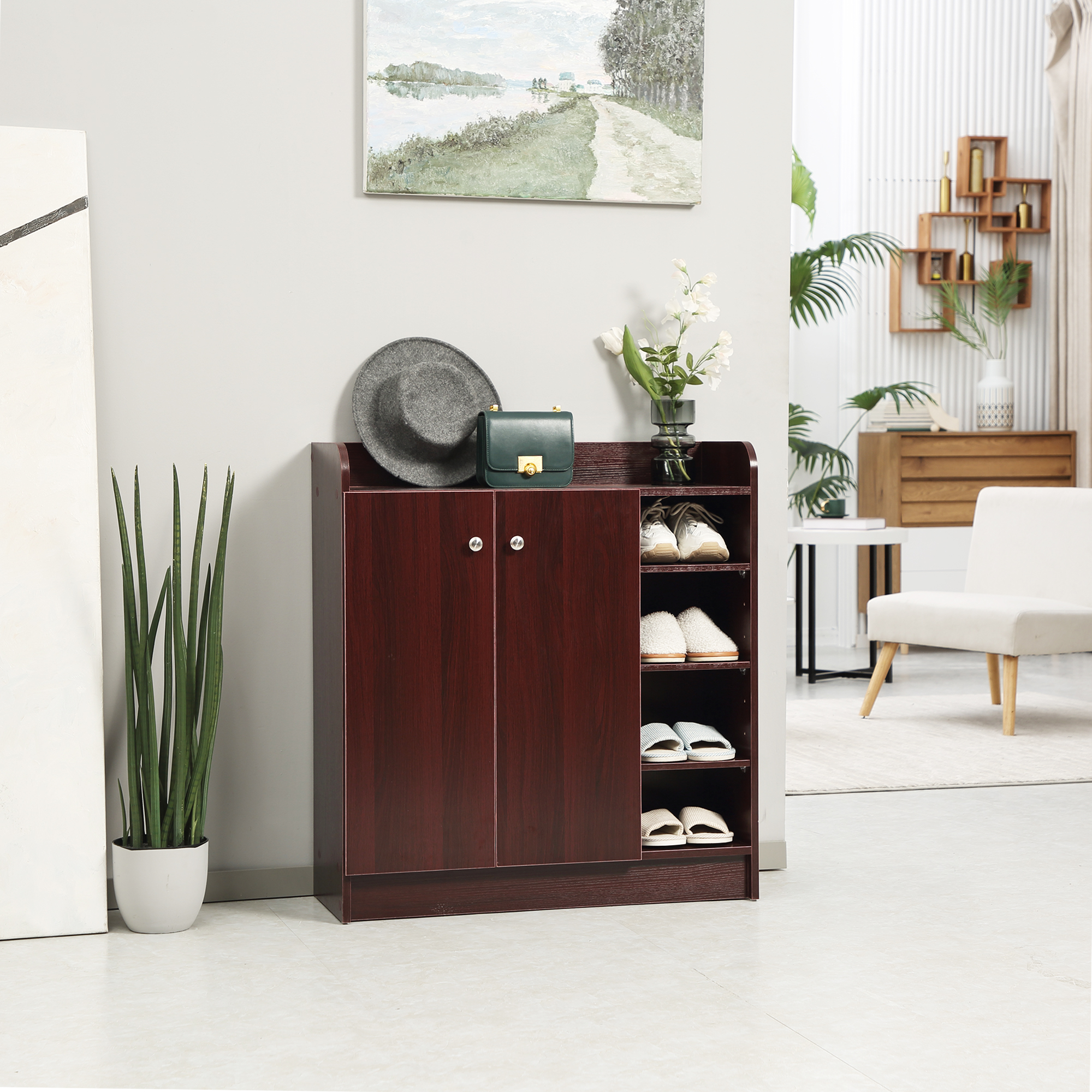 HOMCOM Moderner und Platzsparender Schuhschrank aus Holz für 12 Paar mit 4 Offenen Regalen, 83x30x90 cm, Farbe Braun