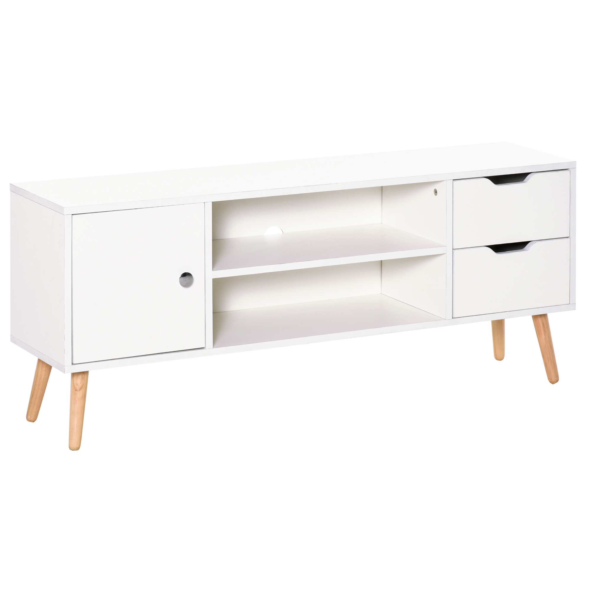HOMCOM TV Lowboard Fernsehtisch Fernsehschrank für TV bis zu 50" mit Schrank 2 Schubladen Holzfüße Wohnzimmer Weiß 120 x 28 x 44 cm