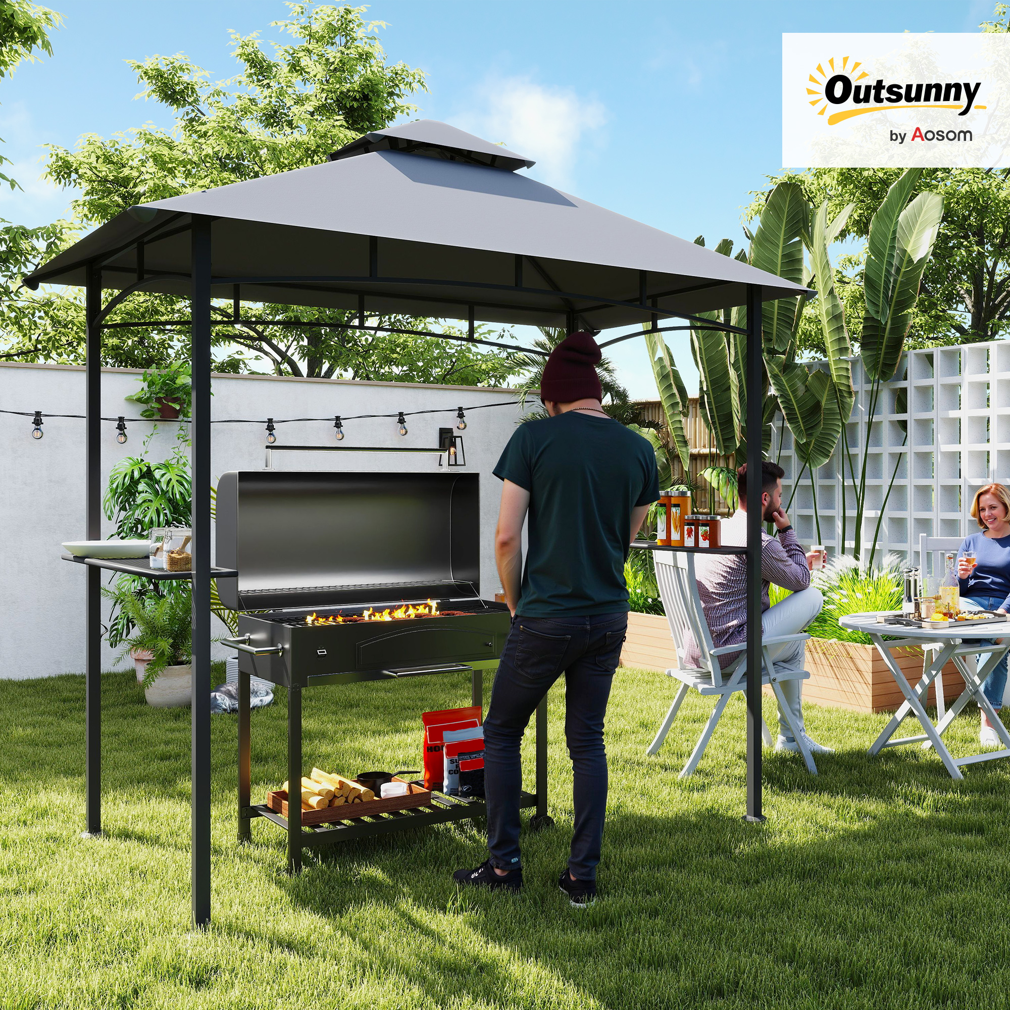 Outsunny Grillpavillon Gartenzelt Grill Pavillon Balkonpavillon mit Ablagen Flammhemmendes Doppeldach Grau 245 x 148 x 252 cm