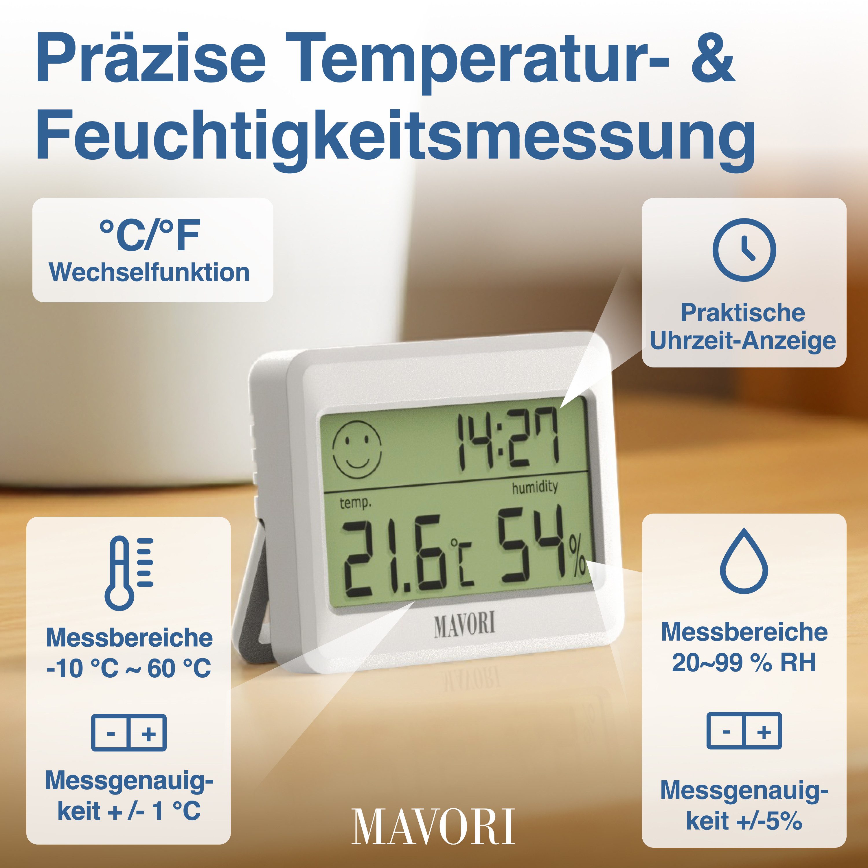 Hygrometer und Thermometer digital mit Uhr - sehr zuverlässig