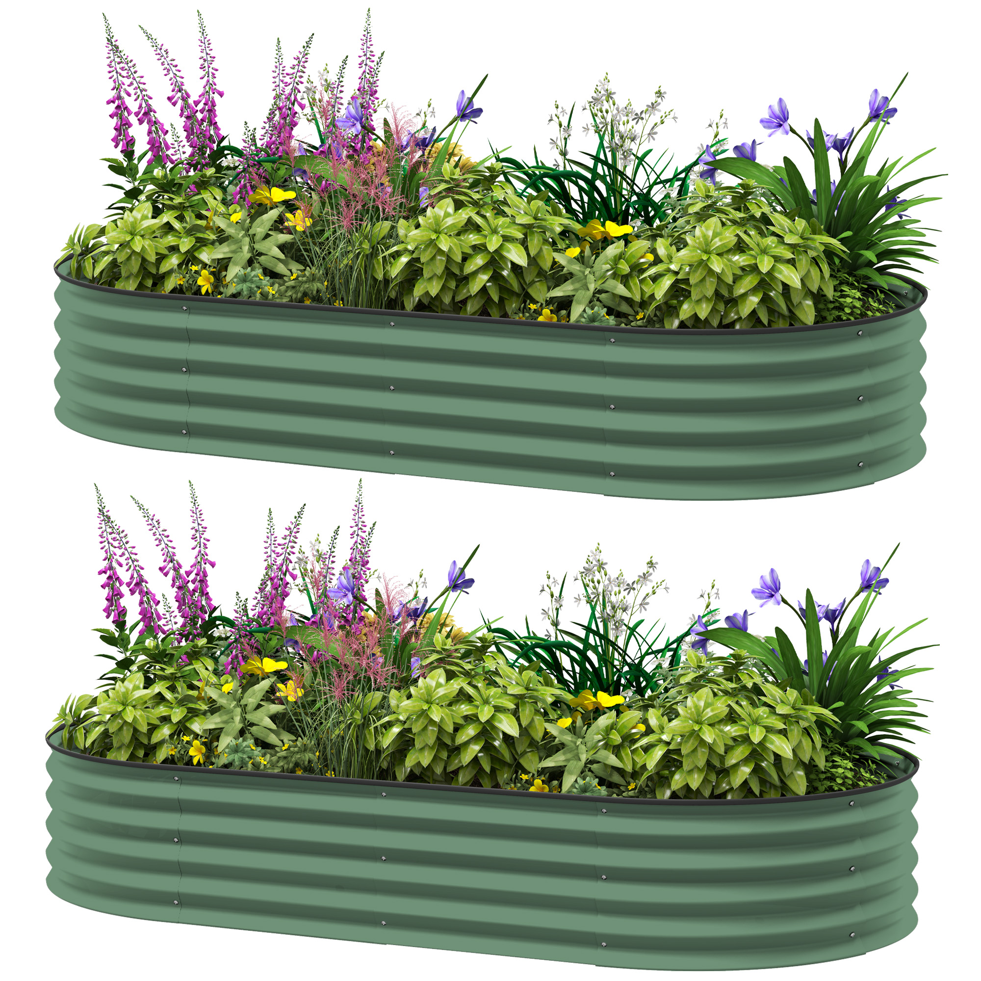 Outsunny 2er-Set Hochbeete für Garten, Outdoor-Pflanzenkübel mit offenem Boden, Gummirand, Metall, 181 x 93 x 30 cm, Grün