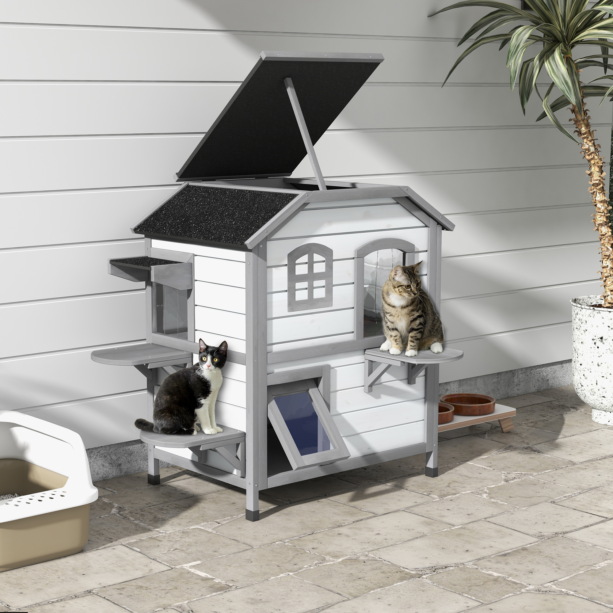 Kattenhuis Kattenhok Kattenhol, 2 Verdiepingen, weerbestendig, 78,1 cm x 55,2 cm x 90,8 cm, Wit + Grijs
