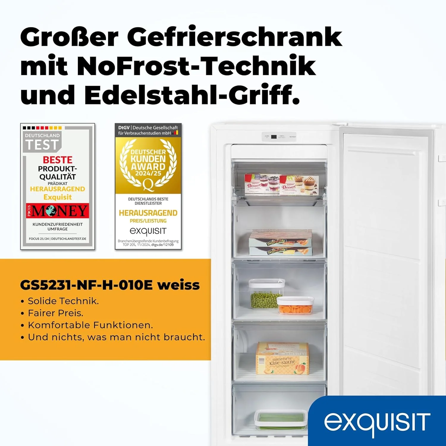 Exquisit Gefrierschrank NoFrost, Tiefk��hlschrank gro?, 161 Liter, Schnellgefrieren, Alarm-Funktion, GS5231-NF-H-040C weiss