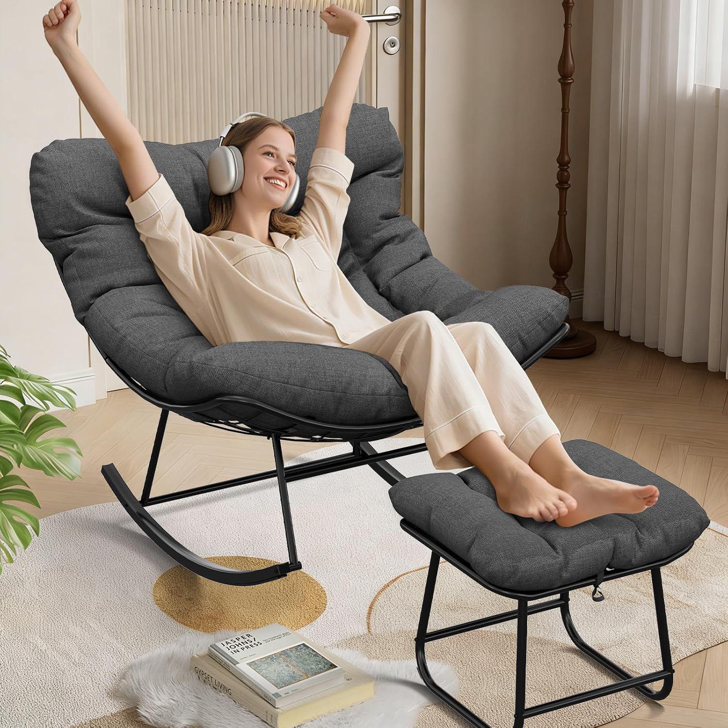 Acekool XXL Schaukelstuhl Outdoor, bis 180 kg belastbar, ergonomischer Relaxsessel mit Sitzpolster & Fußhocker, für Garten, wetterfest, Dunkelgrau