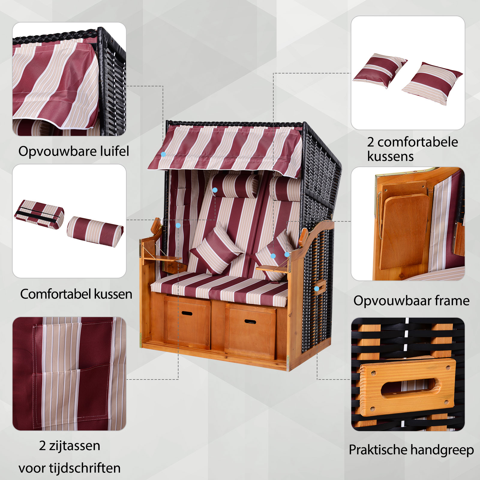Dubbele ligstoel met dak dubbele ligstoel chaise longue voetensteun PE rotan rood