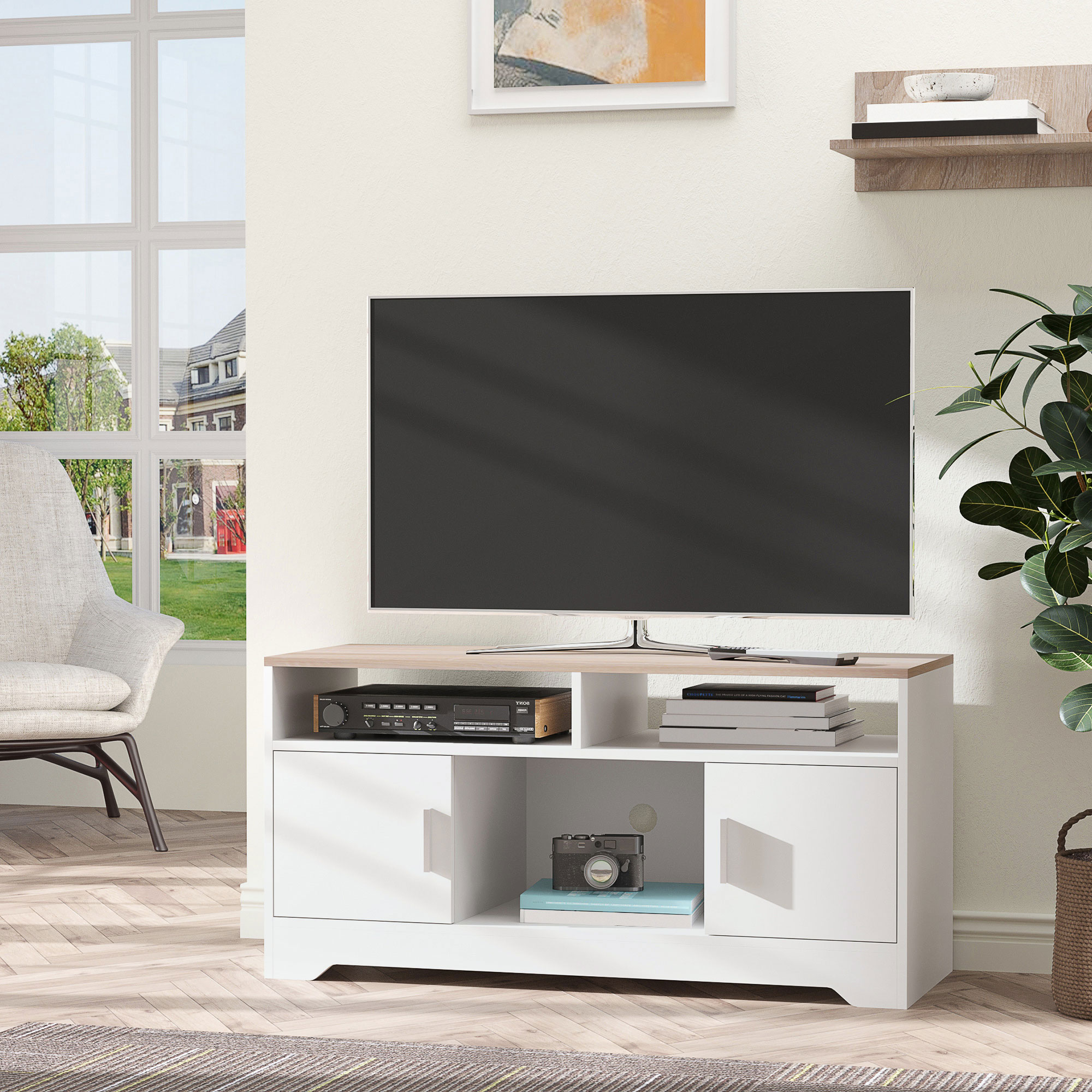 HOMCOM TV-Bank Modernes Design; 3 Regale und 2 Schränke 105 cm x 40 cm x 52 cm Natur