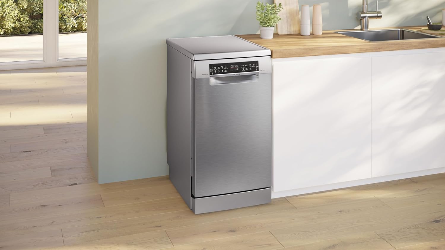 Bosch SPS6EMI21E Serie 6, Lavastoviglie Smart da libera installazione, 10 coperti, Cestelli personalizzabili, Motore EcoSilence Drive, Acciaio spazzolato anti-impronta, 45 cm.