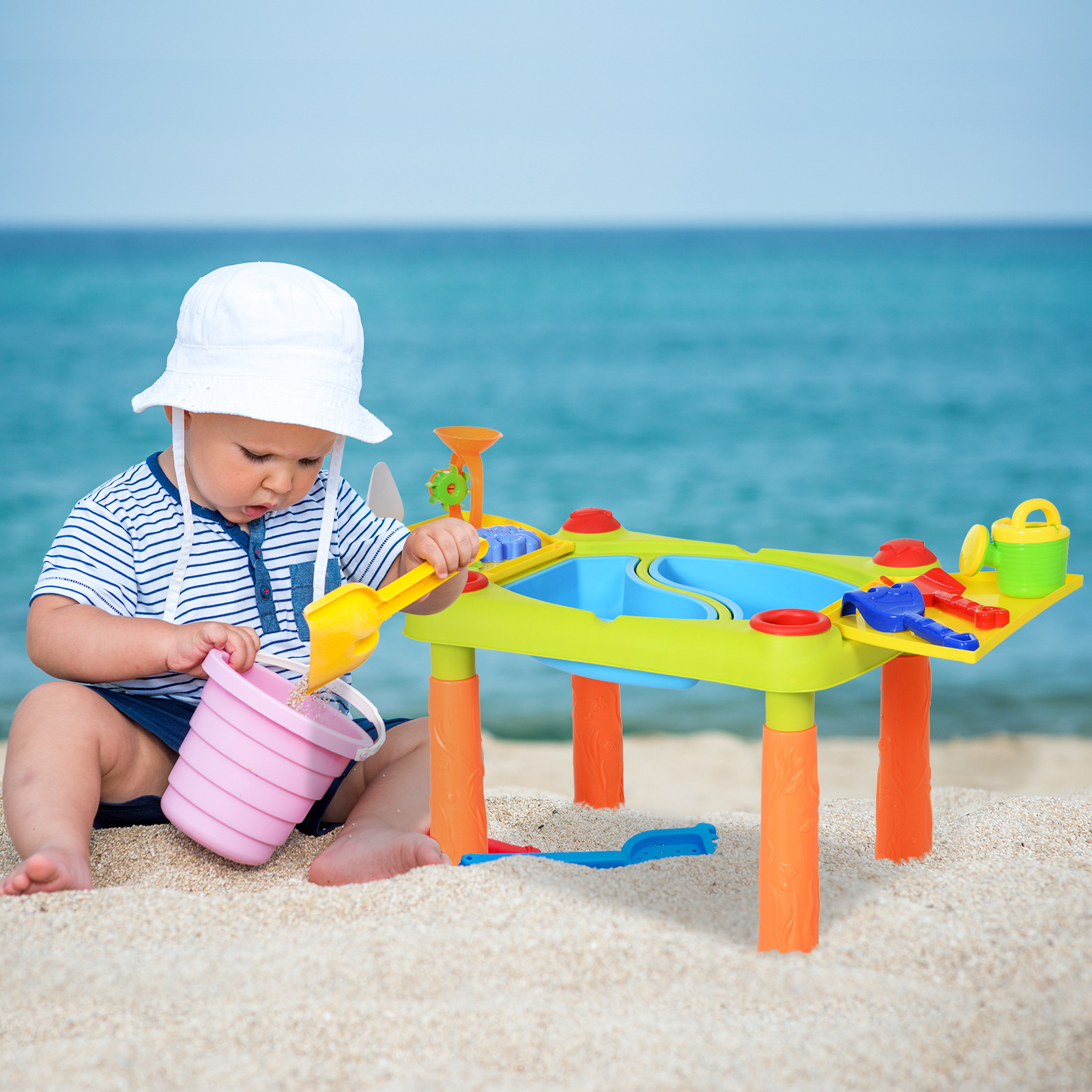 AIYPLAY Sand Wasserspieltisch, Sand- und Wassertisch Outdoor Strandspielzeug mit 16-tlg. Zubehör Sommerspielzeug für 3+ Jahre Kinder