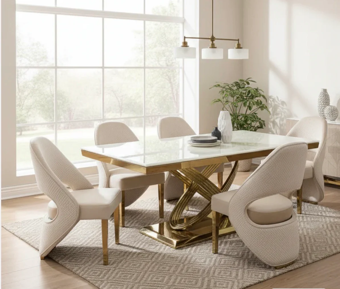 Rose Cream Gold Marble Dining Table with Santorini Cream Gold Dining Chairs