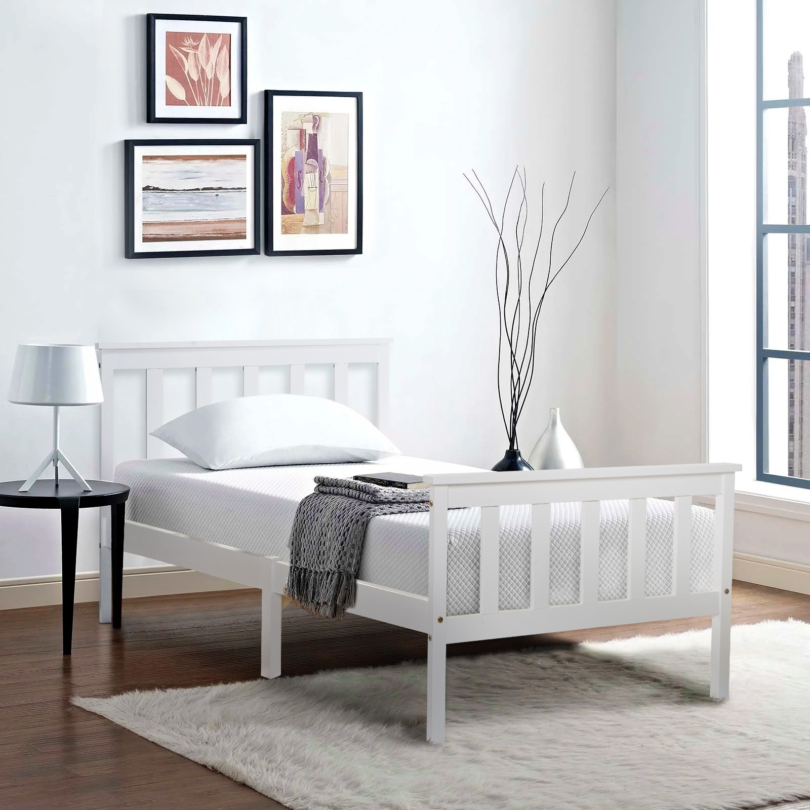 Einzelbettrahmen mit Kopfteil und Lattenrost, Jugendbett, minimalistisches Design, ohne Matratze, 90x200 cm, Weiß