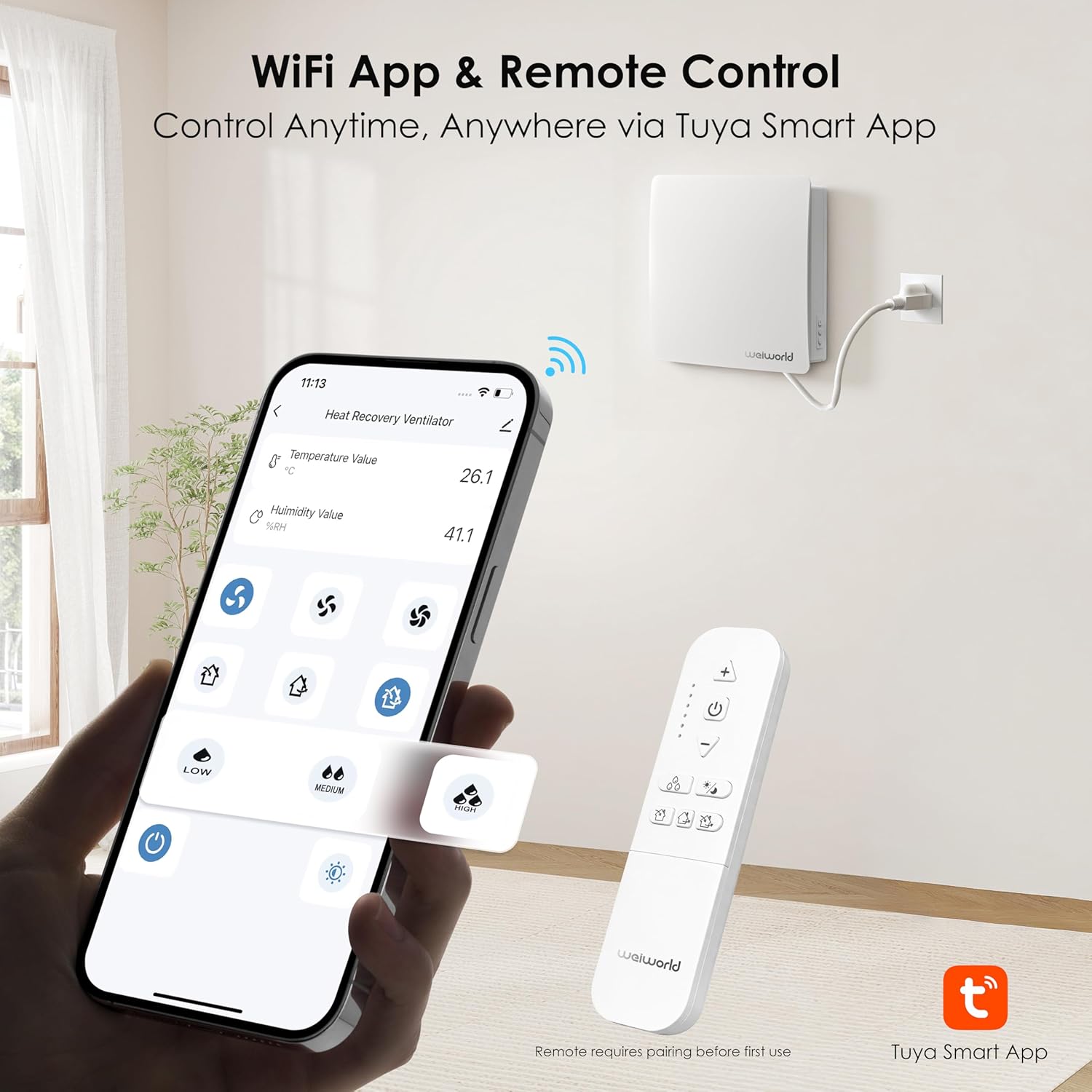 VT501 Dezentrale Wohnraumlüftung mit Wärmerückgewinnung, 150 mm Wandlüfter mit Keramik-Wärmetauscher, WLAN & Fernbedienung, EC-Motor, Zuluft/Abluft, für Schlafzimmer, Keller, Garage