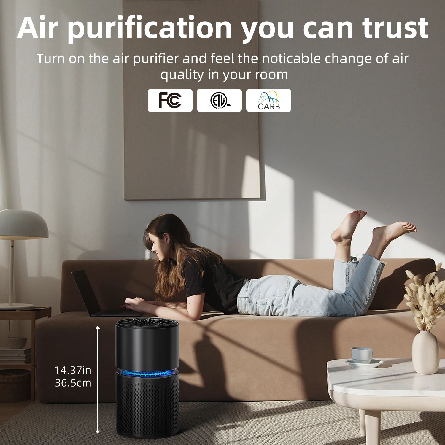 Purificatore d’Aria BREEZOME con Filtrazione a 4 Stadi, copertura fino a 57,6 m², design anti-tocco accidentale, timer, purificatore d’aria True HEPA per ambienti grandi, nero