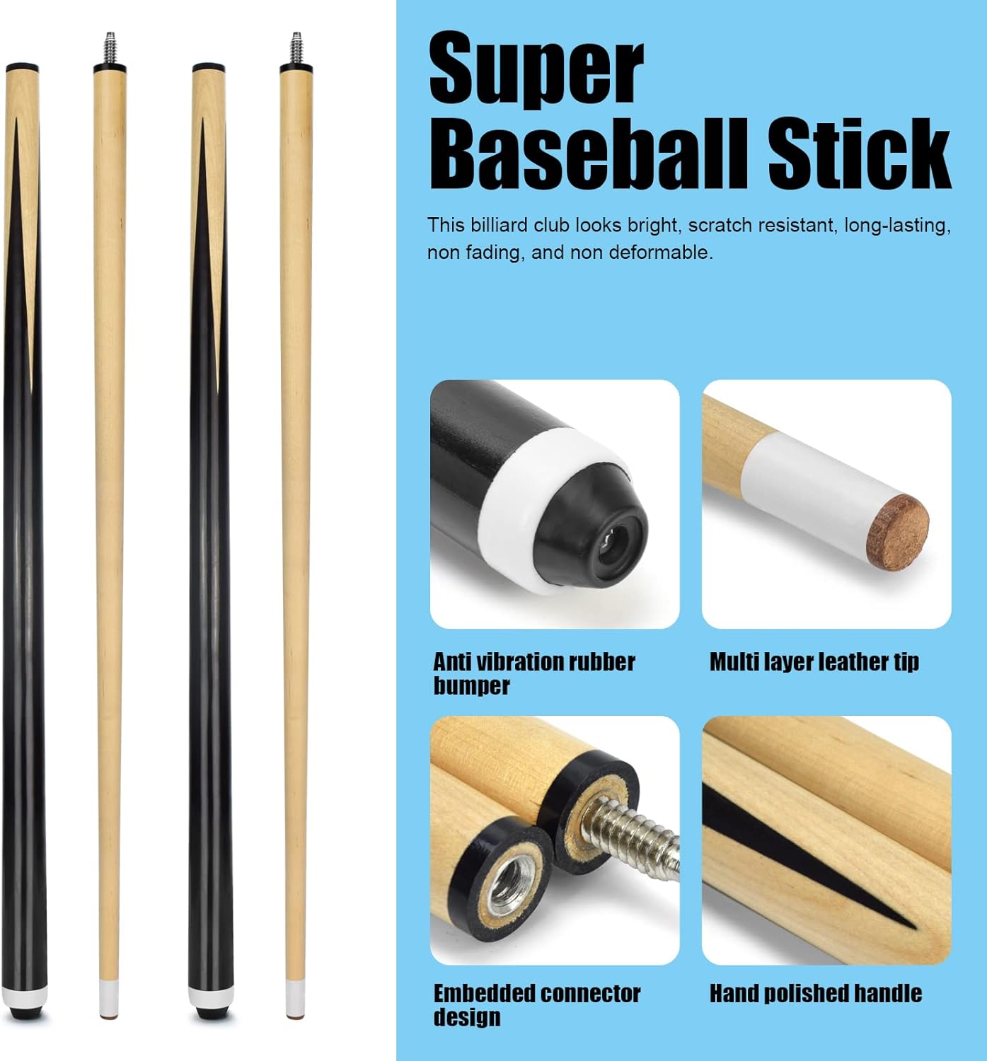 VANLAN Stecca da Biliardo in Legno massello, Piccole, per Bambini, con Punte da incollare da 13 mm, Set da 2
