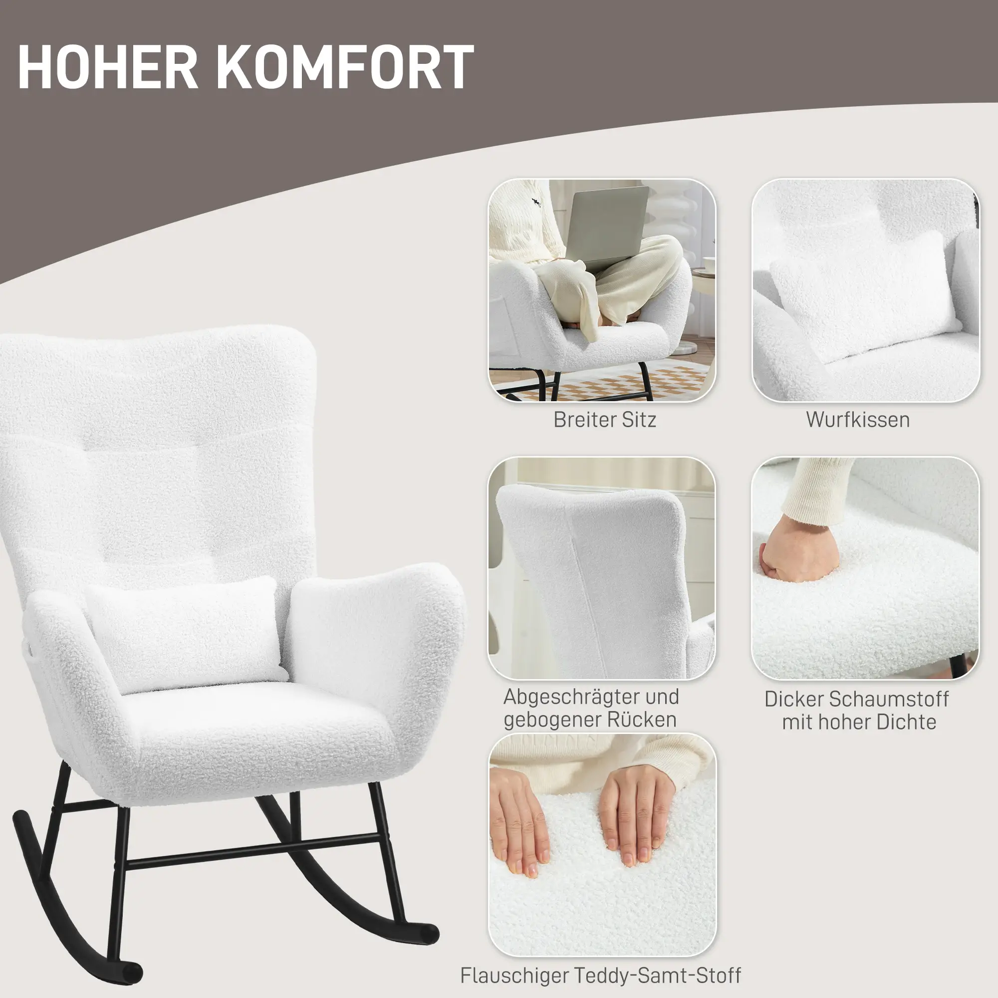 HOMCOM Schaukelstuhl Polsterstuhl Schwingfunktion Seitentasche Weiß