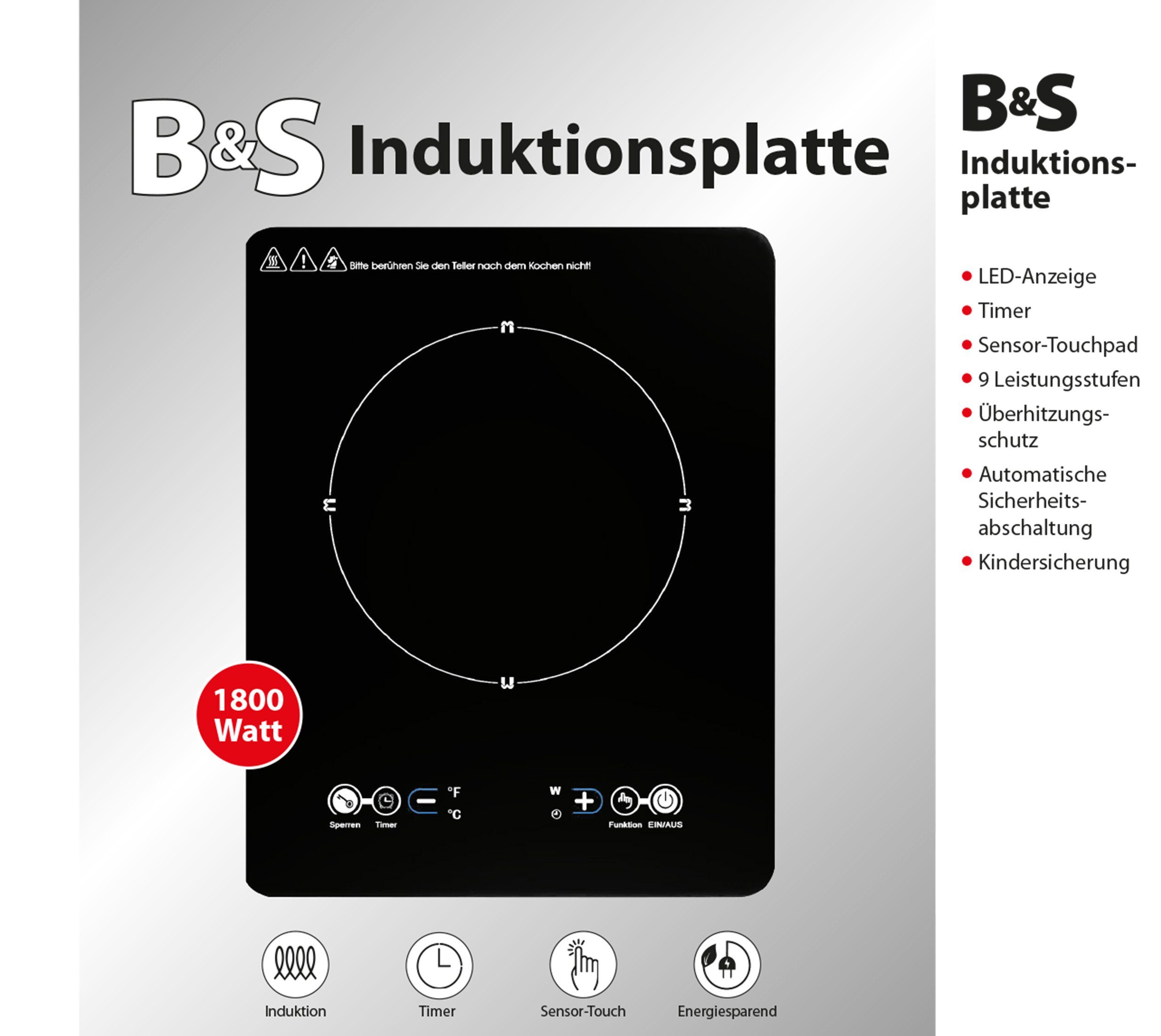 Einzel-Induktionskochplatte Induktionsplatte 1800 Watt 9 Leistungsstufen - Sensor Touch
