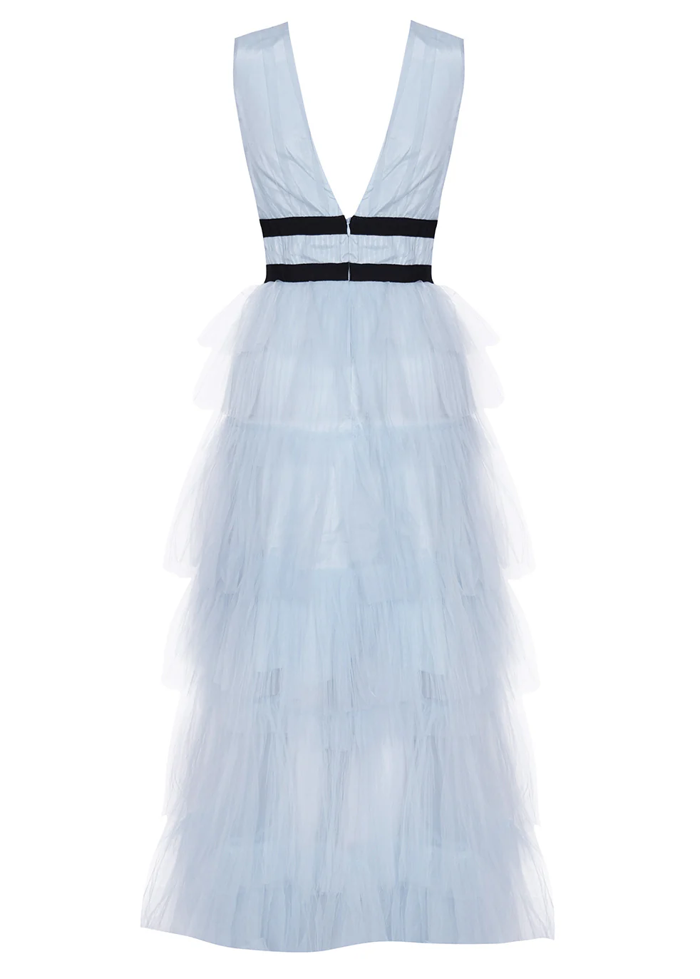 Eliza Dusty Blue Plunging Neck Layered Tulle Skirt Maxi-Dress