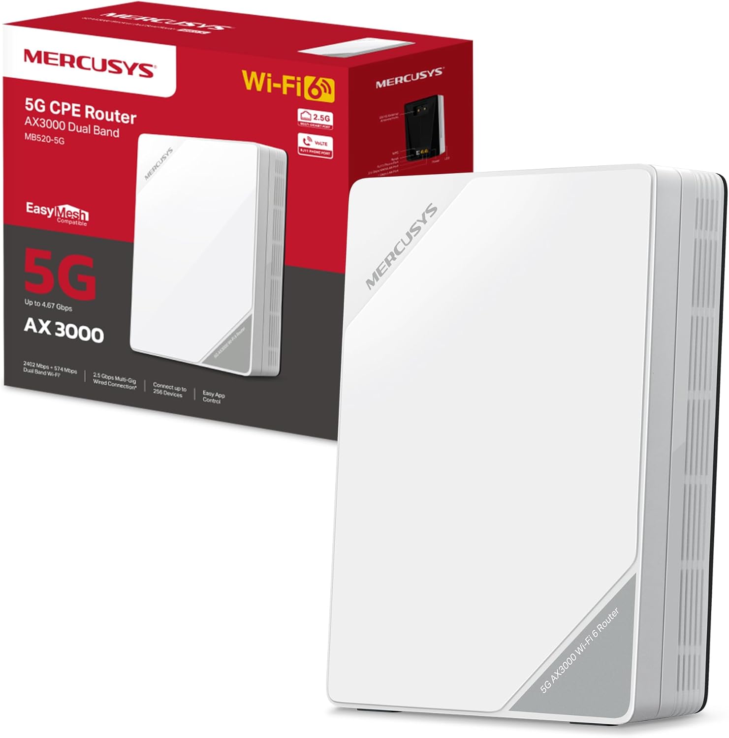 Mercusys TP-Link MB520-5G Router 5G con Sim, WiFi 6 Dual-Band AX3000Mbps, 2402 Mbps in 5 GHz+574 Mbps in 2.4 GHz, Porta LAN/WAN 2.5Gbps, VPN, Connetti fino a 256 Dispositivi, Plug&Play, App Controllo