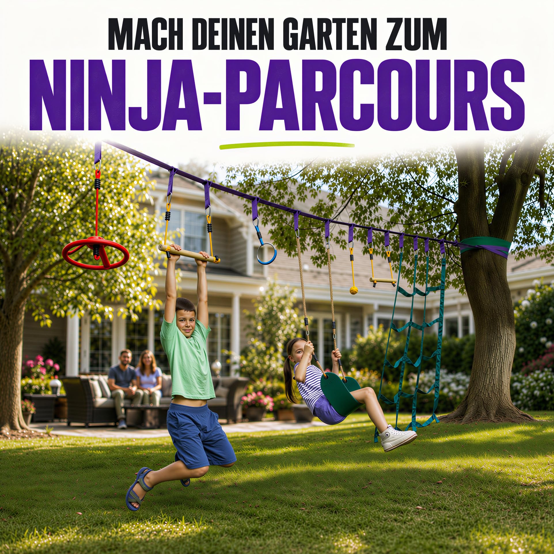 Trailblaze Ninja Warrior Slackline Set TB015 für Kinder mit 10 Hindernissen 2 x 16,8 m Slackline Klettern Hangeln Schwingen und Balancieren